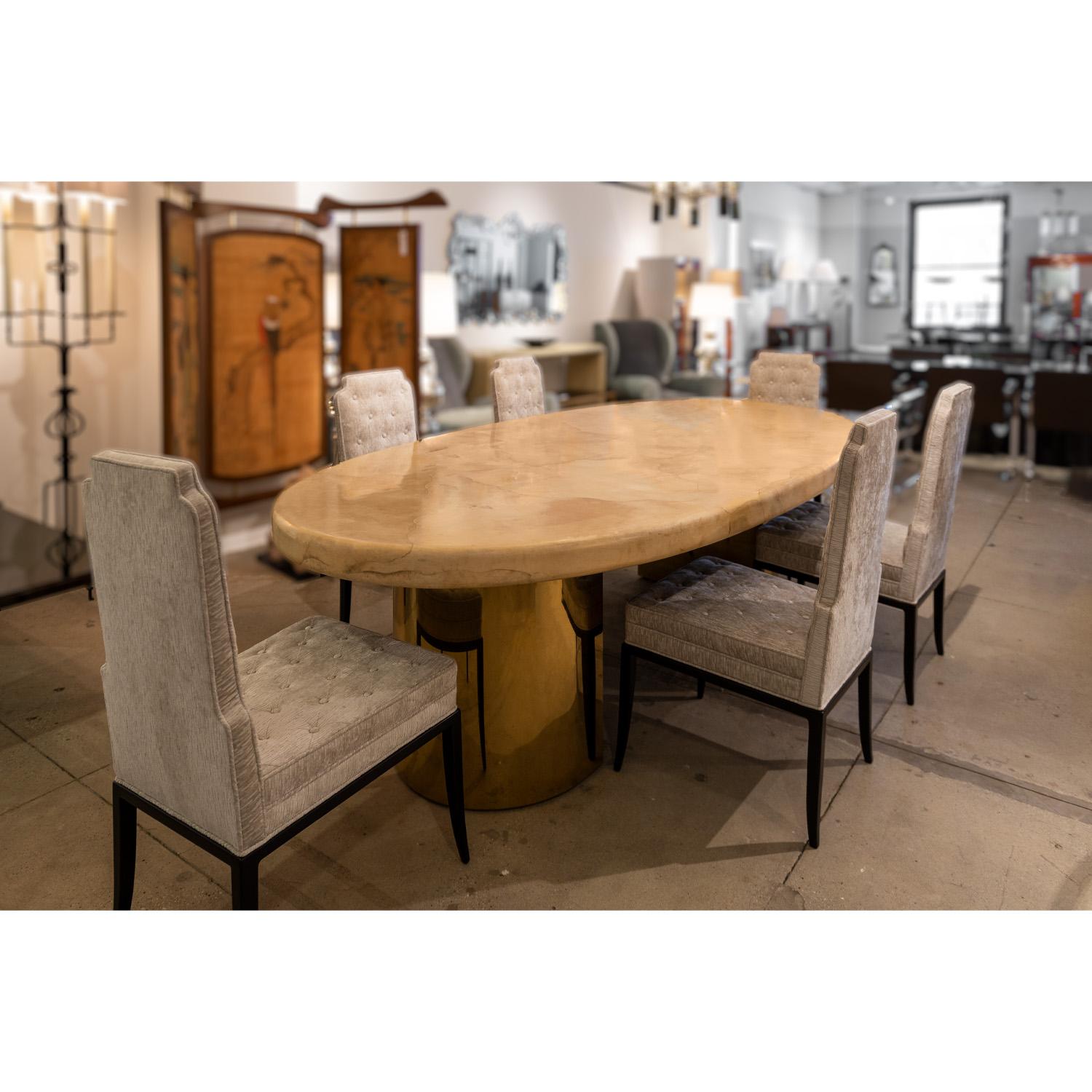 Hand-Crafted Karl Springer Large Dining Table in Goatskin with Brass Bases 1970s For Sale