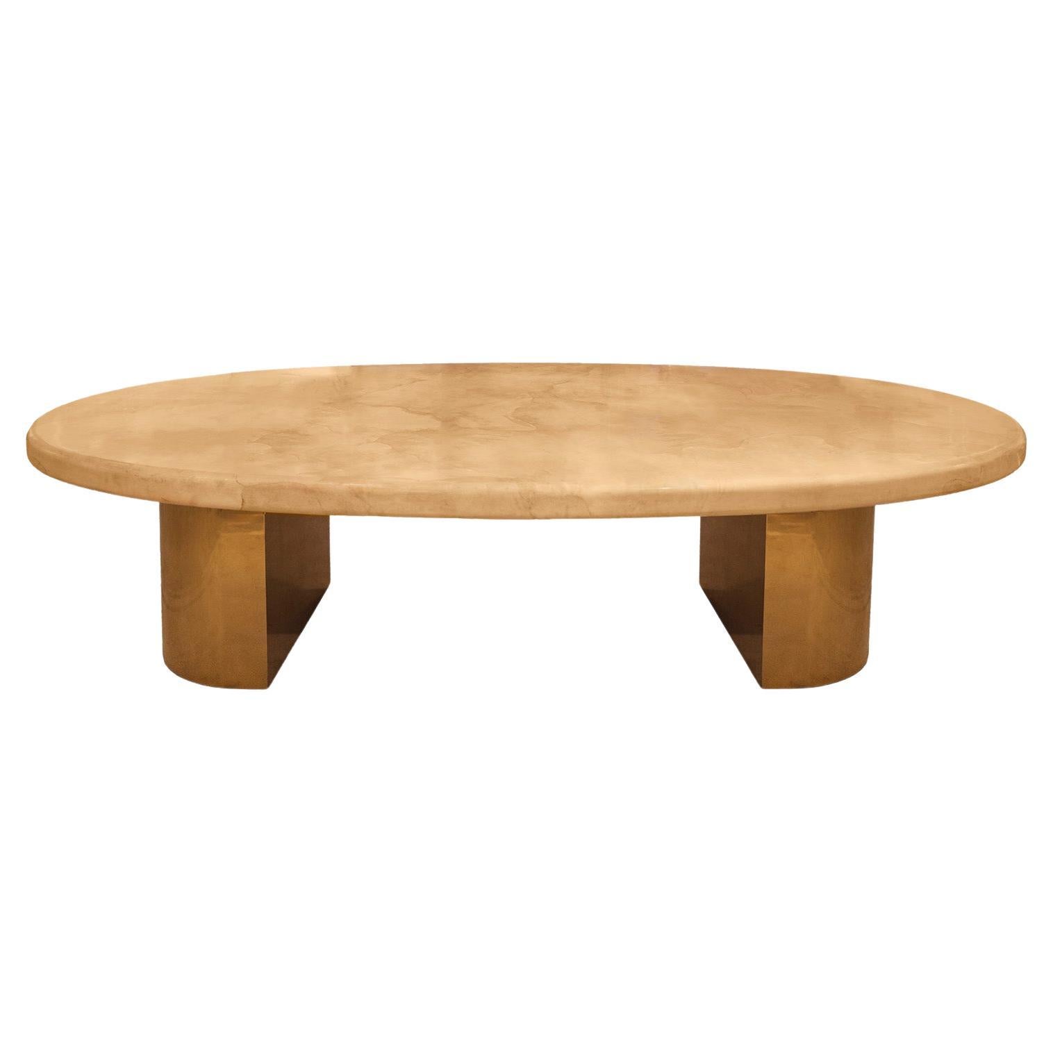Karl Springer Grande table de salle à manger en peau de chèvre avec bases en laiton, années 1970 en vente