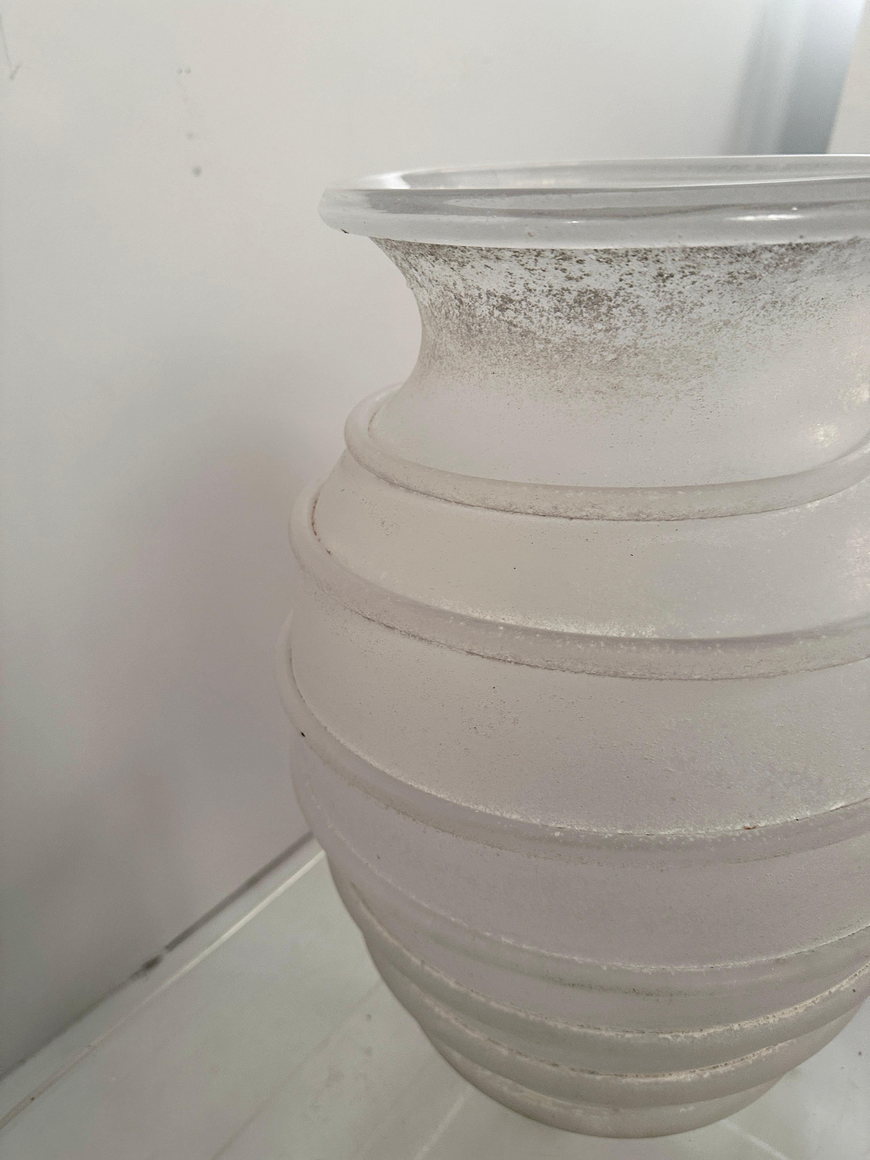 Karl Springer Large Hand Blown White Scavo Glass Vase, Italy c 1980s 3