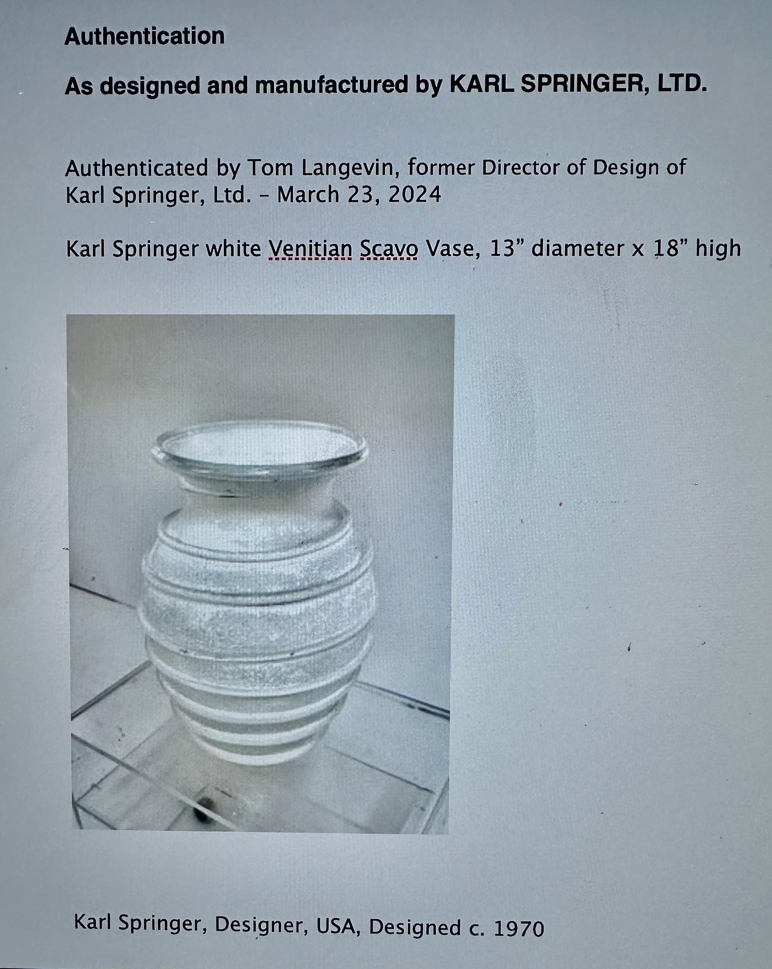 Karl Springer Large Hand Blown White Scavo Glass Vase, Italy c 1980s 4