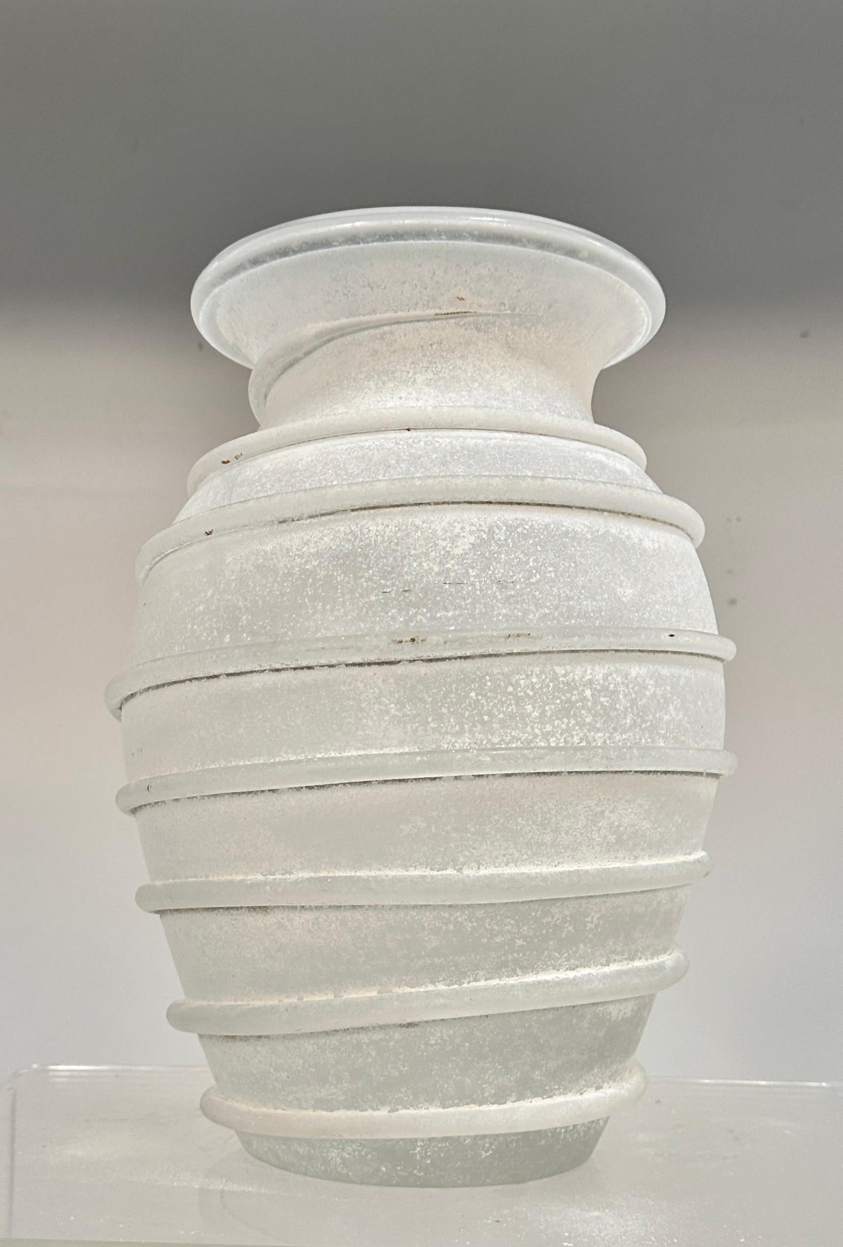 Mid-Century Modern Karl Springer Large Hand Blown White Scavo Glass Vase, Italy c 1980s