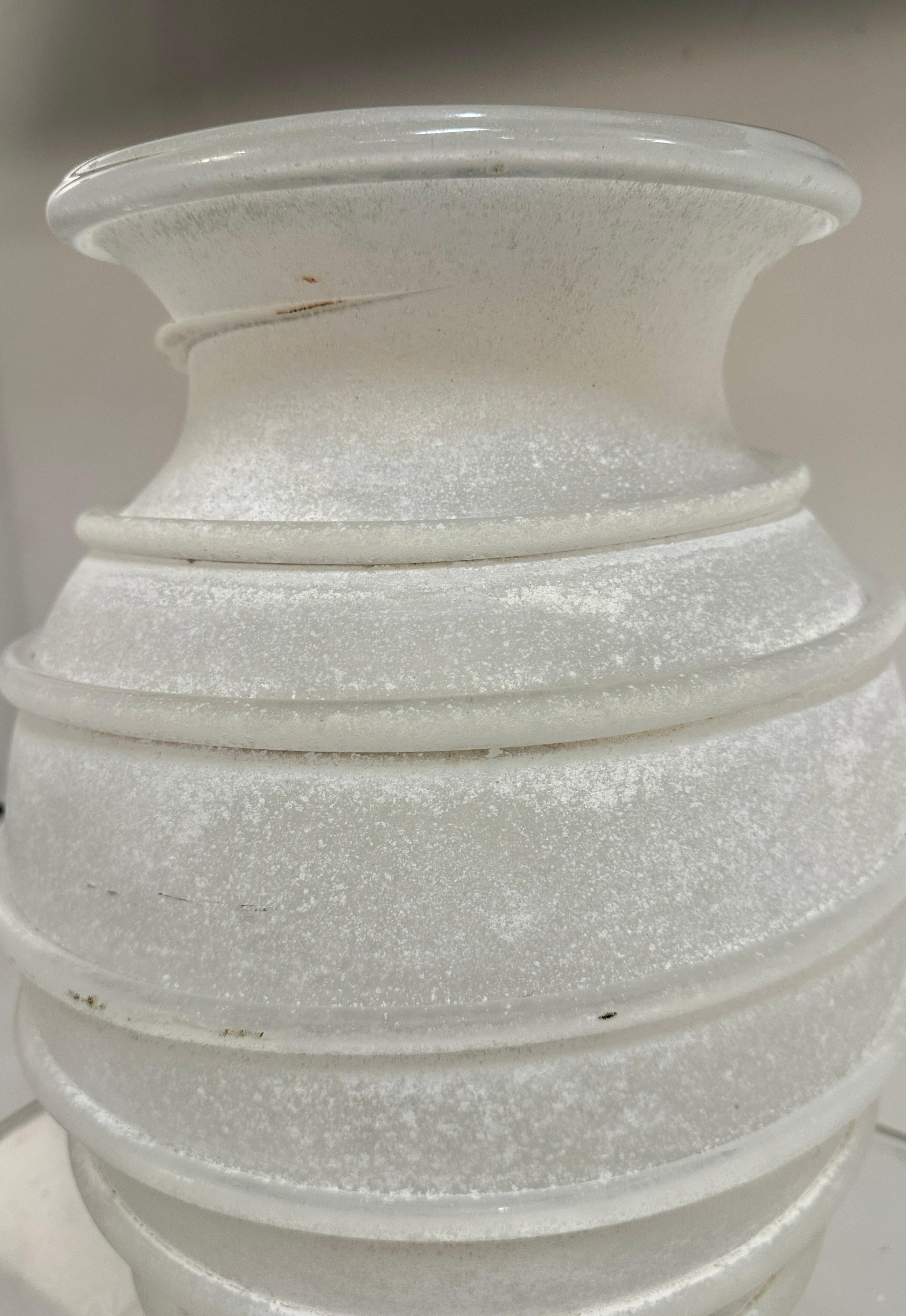 Karl Springer Large Hand Blown White Scavo Glass Vase, Italy c 1980s In Excellent Condition In Norwalk, CT