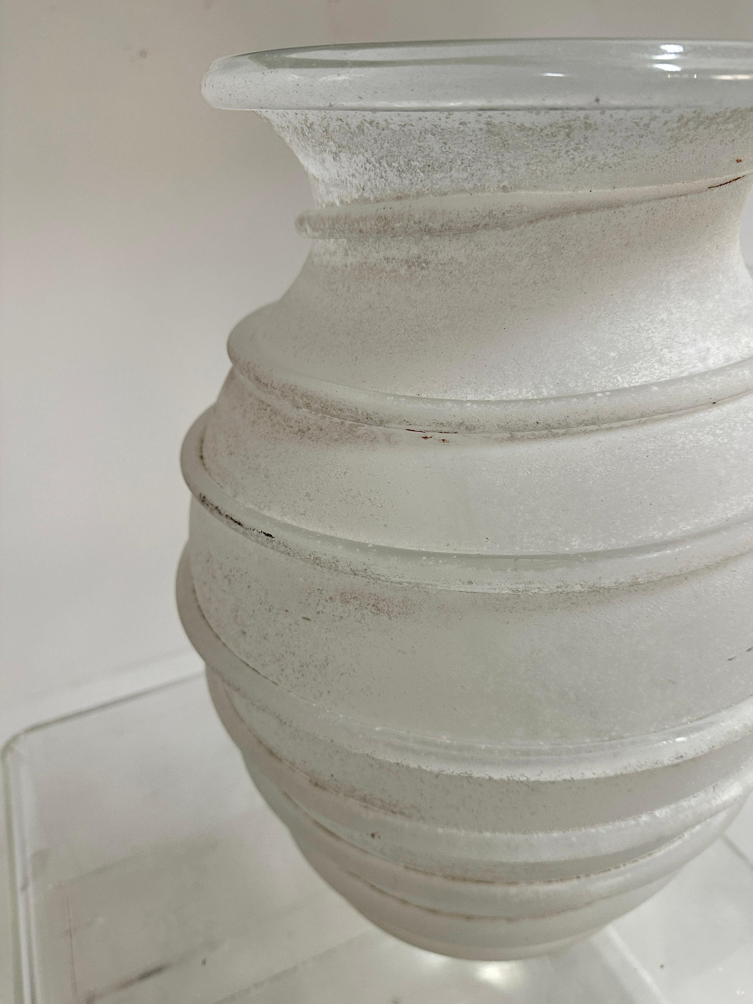 Blown Glass Karl Springer Large Hand Blown White Scavo Glass Vase, Italy c 1980s