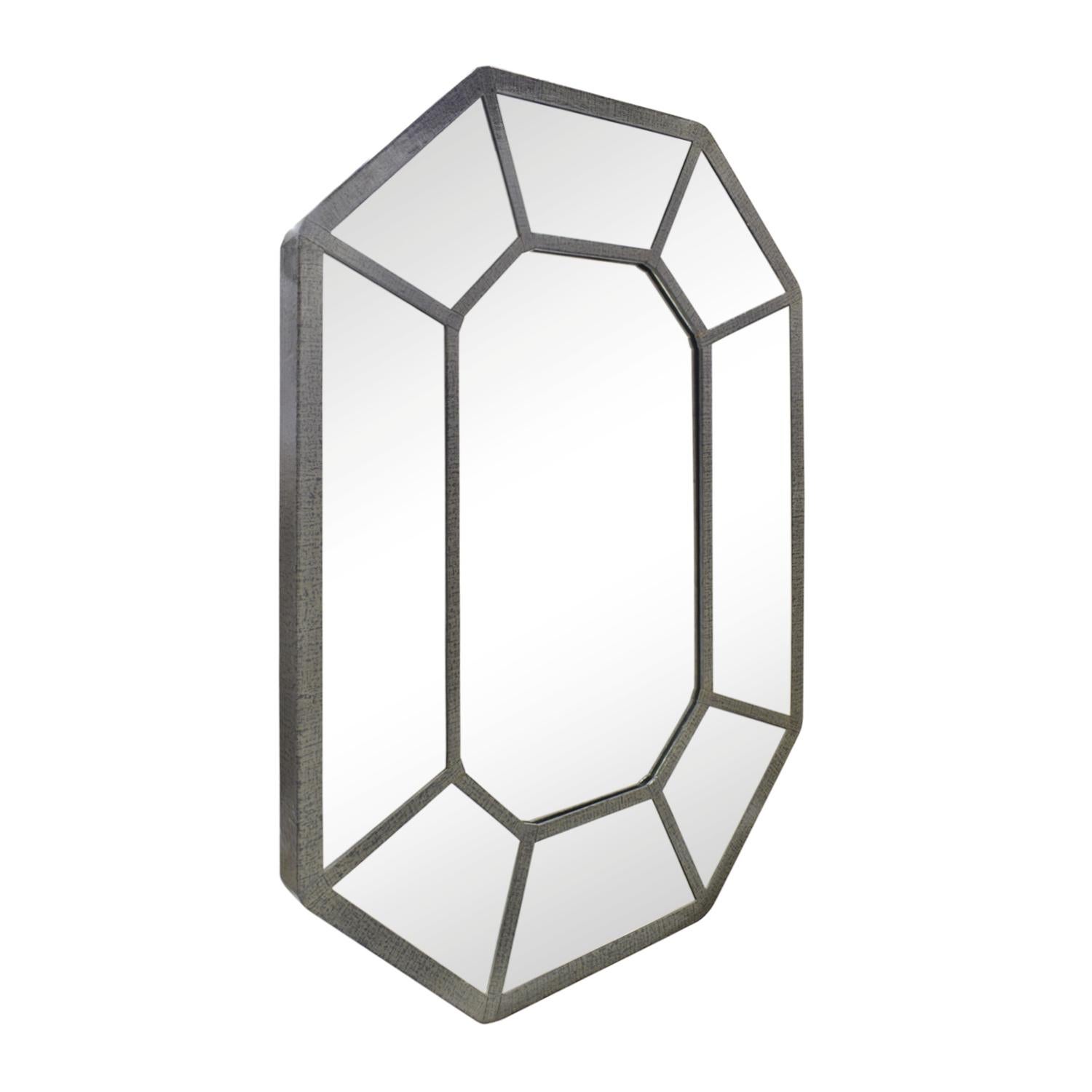 Large handcrafted octagonal wall hanging mirror in 2-tone lacquered linen by Karl Springer, American, 1970s. The two-tone lacquered linen is gray and blue. A beautiful design.