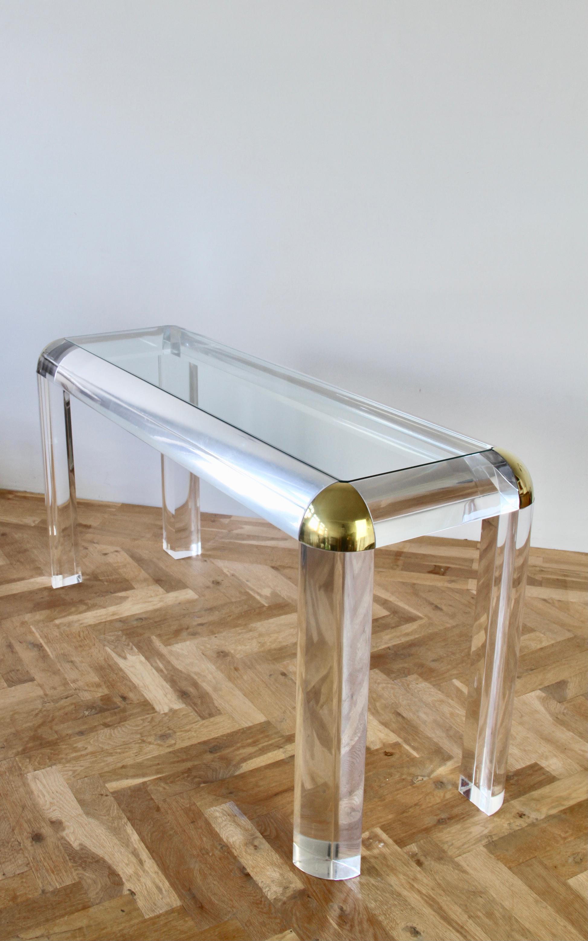 Karl Springer Style Large Lucite Brass and Glass Console / Sofa Table, 1980s For Sale 3