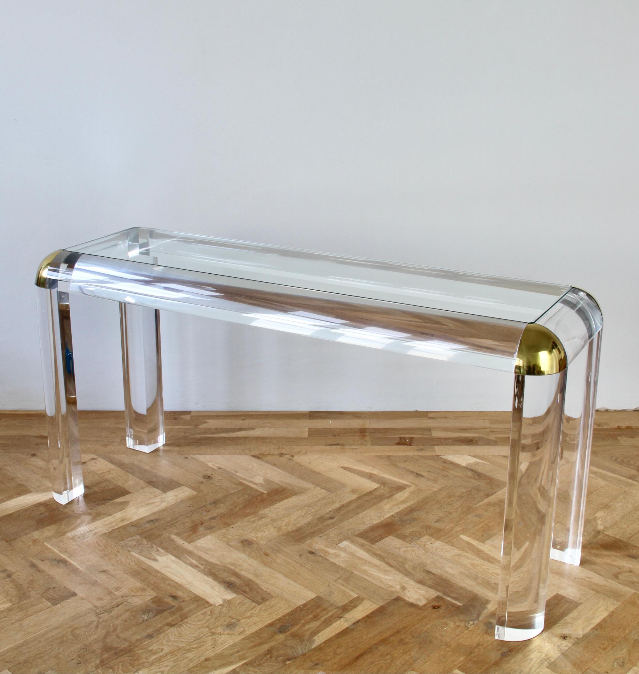 Karl Springer Style Großer Konsolen-/Sofatisch aus Lucite, Messing und Glas, 1980er im Angebot 4