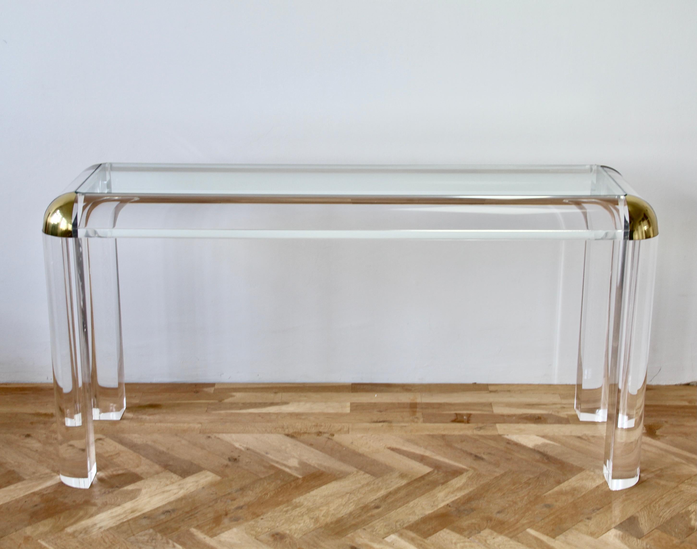 Karl Springer Style Large Lucite Brass and Glass Console / Sofa Table, 1980s For Sale 5