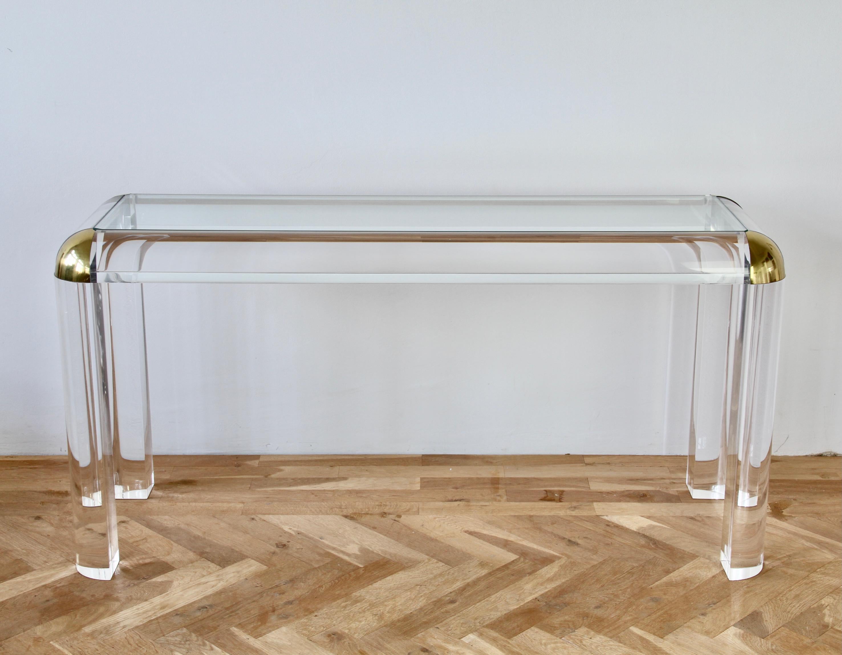 Karl Springer Style Großer Konsolen-/Sofatisch aus Lucite, Messing und Glas, 1980er im Angebot 6