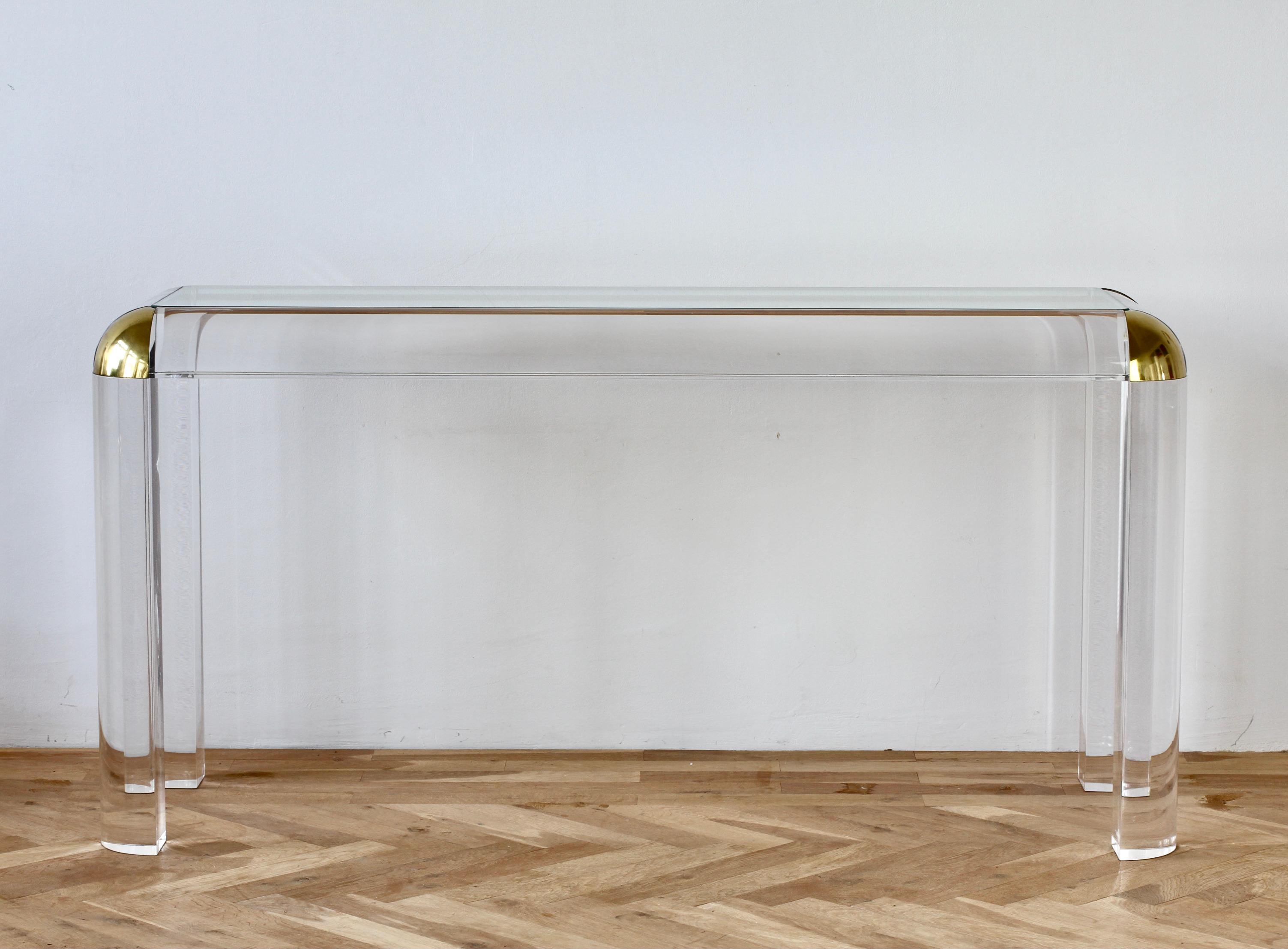 Karl Springer Style Large Lucite Brass and Glass Console / Sofa Table, 1980s For Sale 8