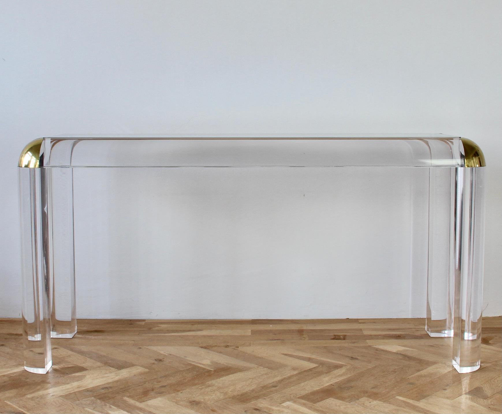 Karl Springer Style Large Lucite Brass and Glass Console / Sofa Table, 1980s For Sale 9