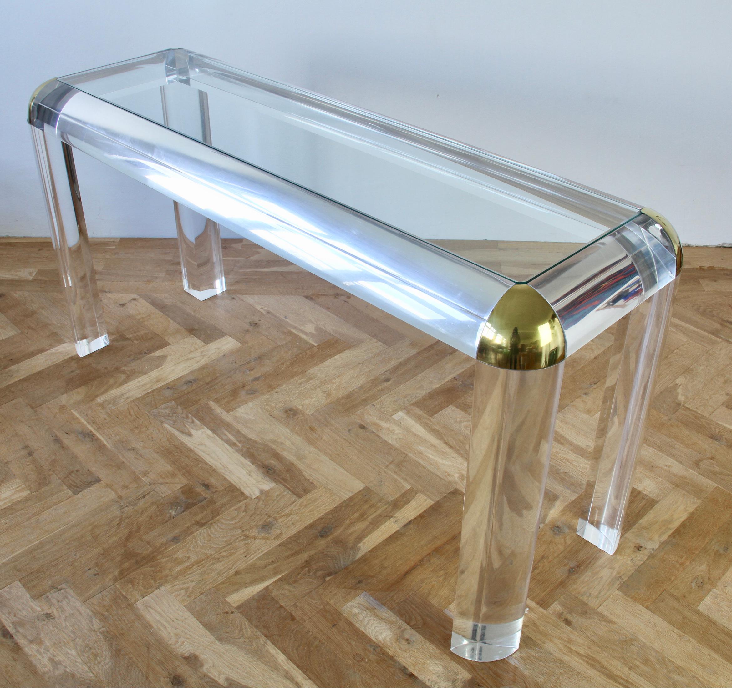 Karl Springer Style Large Lucite Brass and Glass Console / Sofa Table, 1980s For Sale 10