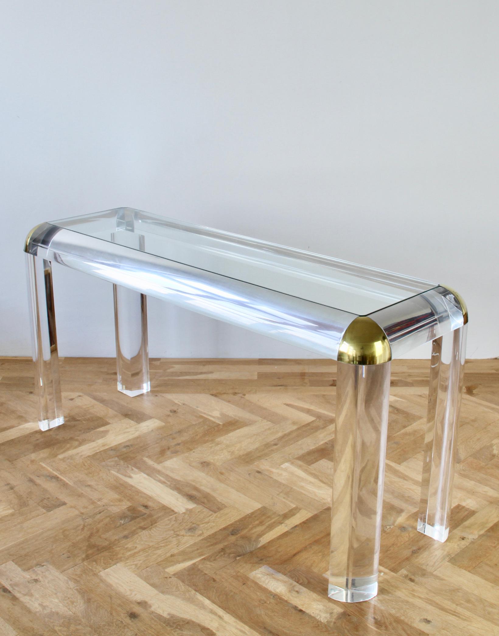 Hollywood Regency Karl Springer Style Large Lucite Brass and Glass Console / Sofa Table, 1980s For Sale