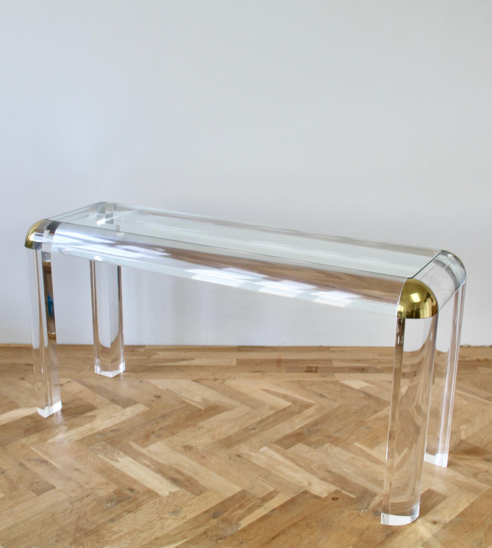 Italian Karl Springer Style Large Lucite Brass and Glass Console / Sofa Table, 1980s For Sale
