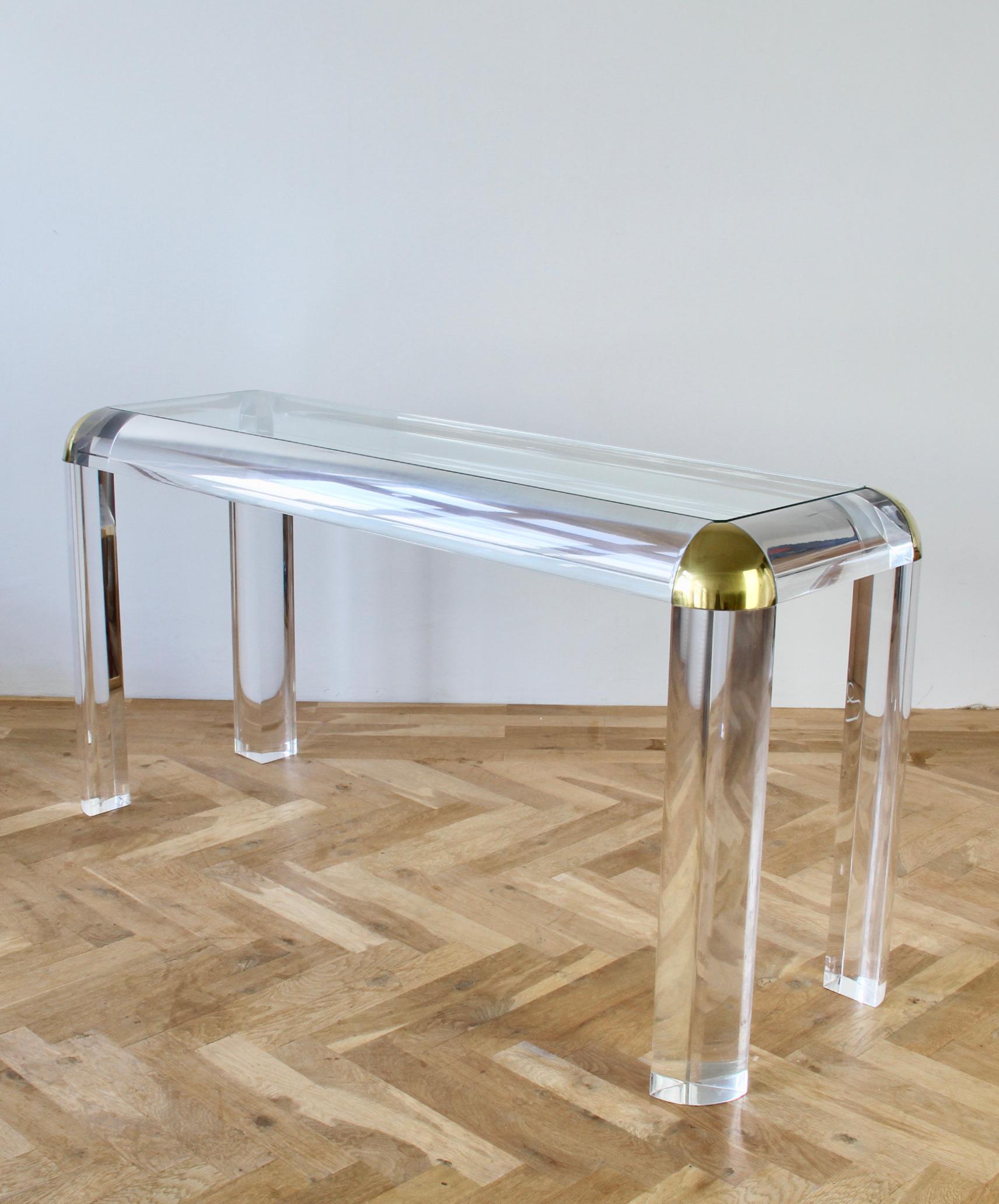 Polished Karl Springer Style Large Lucite Brass and Glass Console / Sofa Table, 1980s For Sale