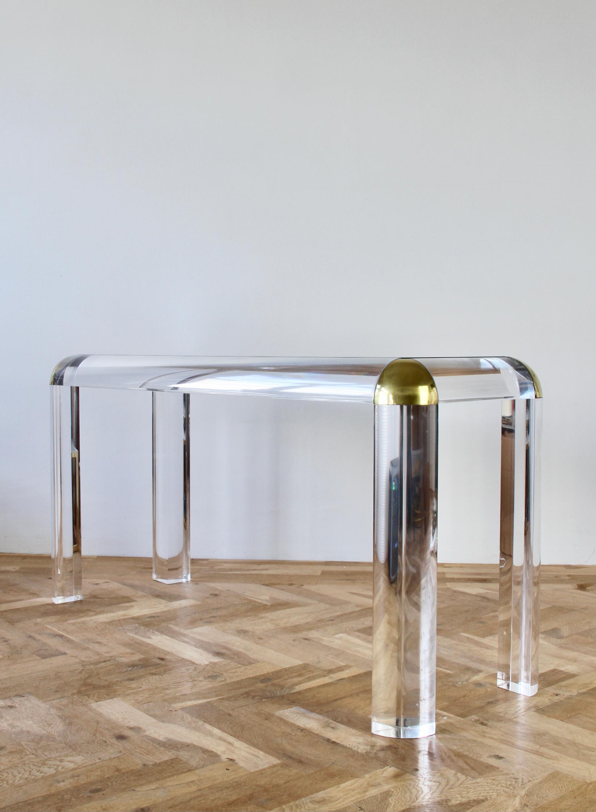20th Century Karl Springer Style Large Lucite Brass and Glass Console / Sofa Table, 1980s For Sale