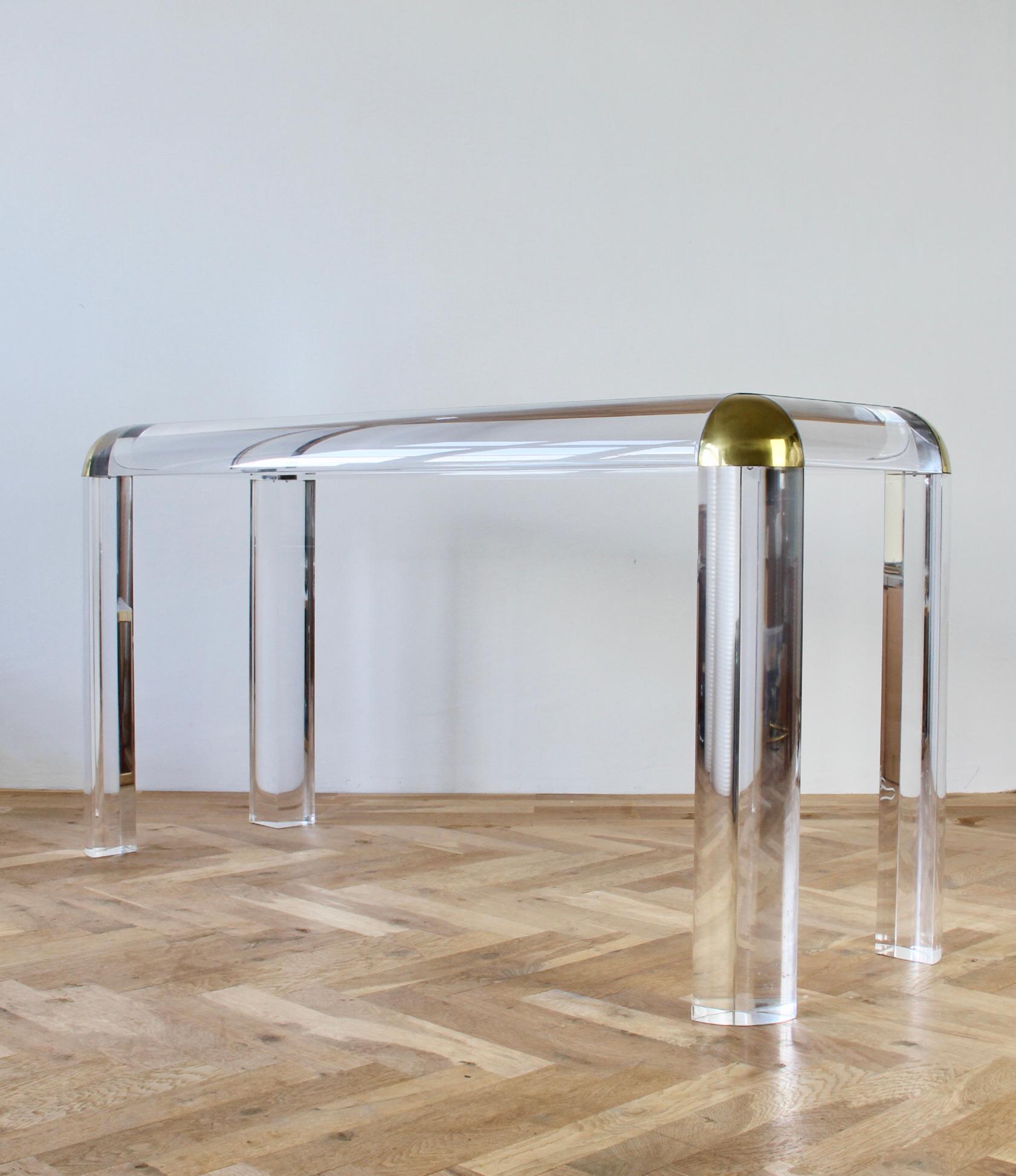 Karl Springer Style Large Lucite Brass and Glass Console / Sofa Table, 1980s For Sale 1