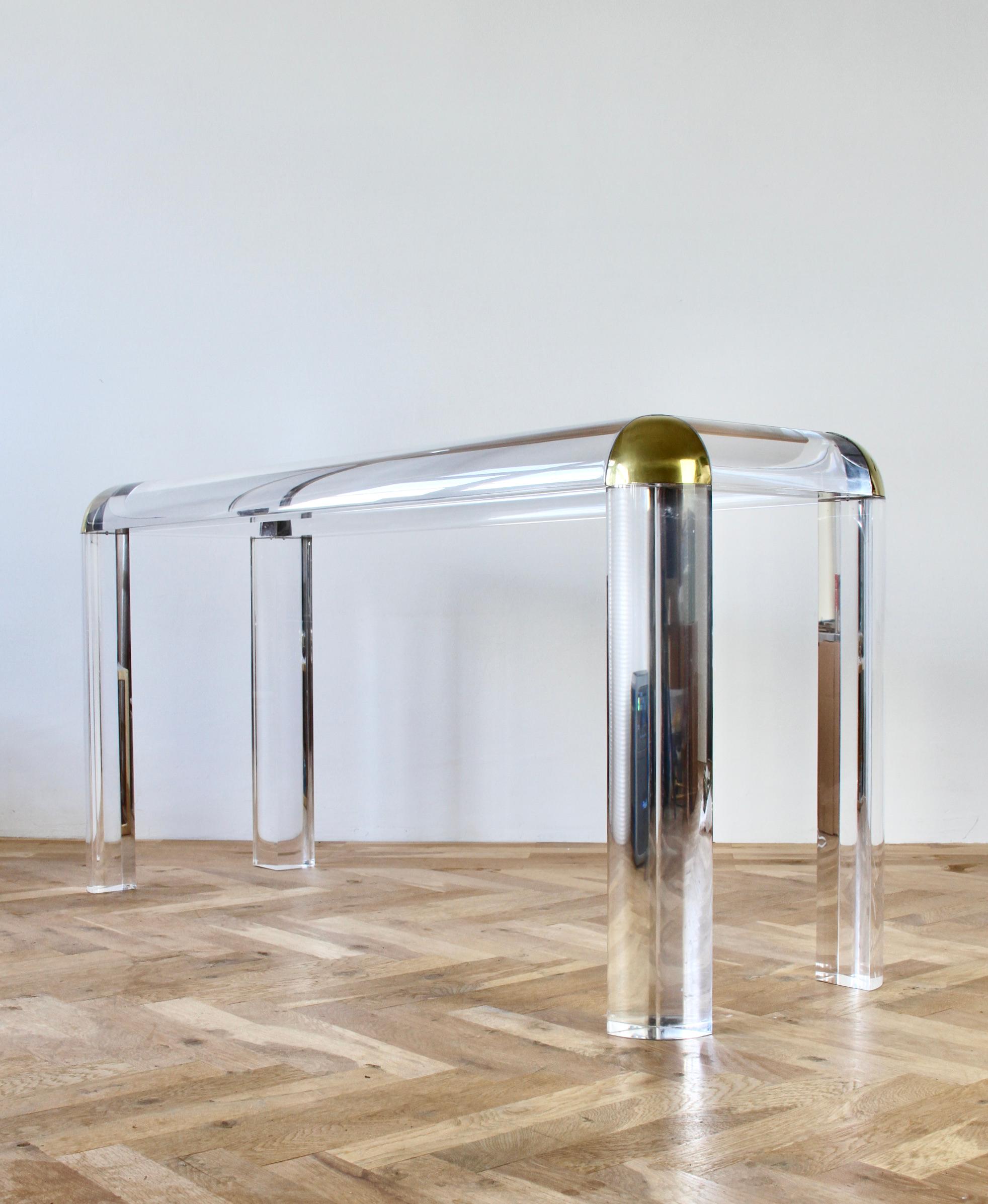 Karl Springer Style Large Lucite Brass and Glass Console / Sofa Table, 1980s For Sale 2