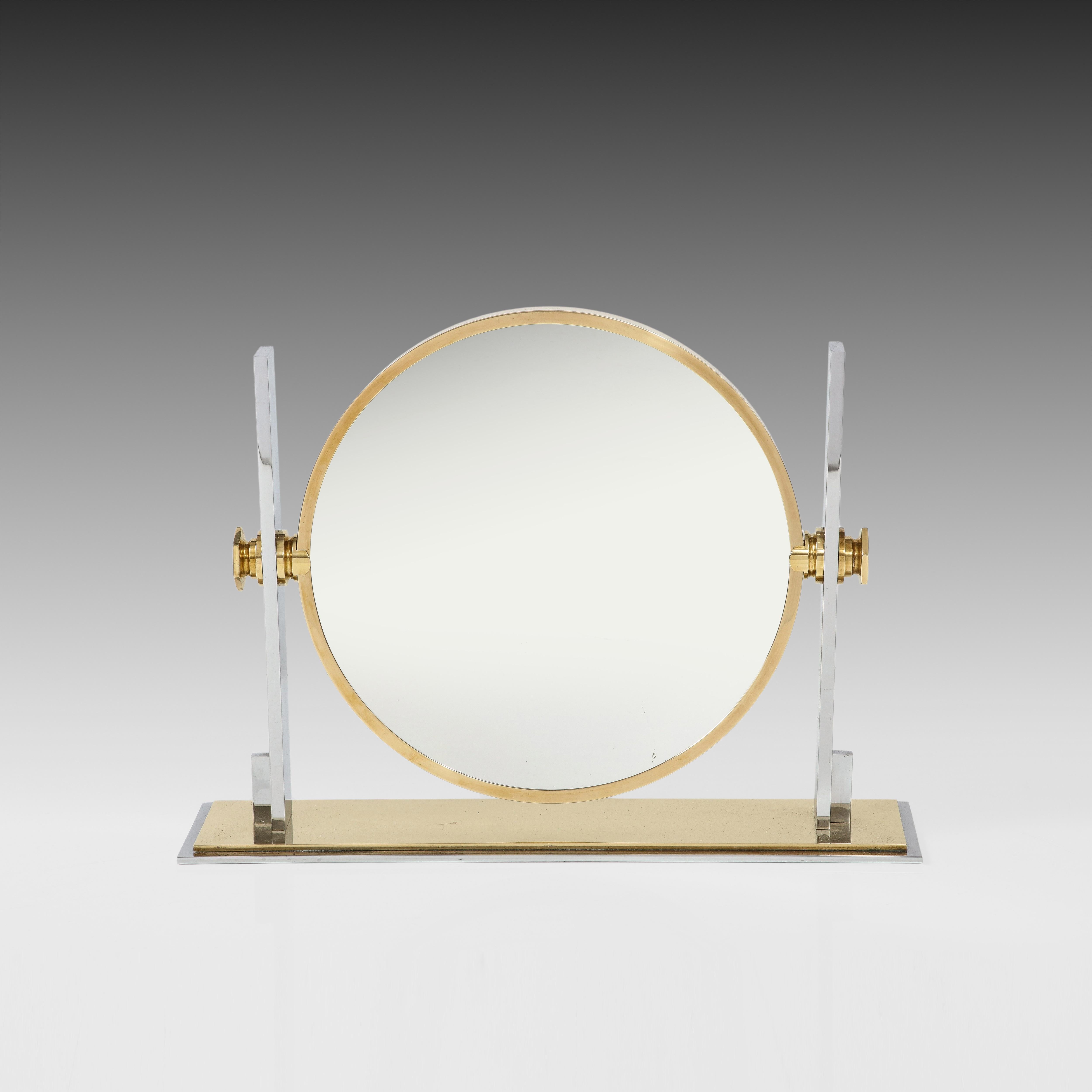 Fait main Grand miroir de coiffeuse Karl Springer en laiton et chrome, États-Unis, années 1980 en vente
