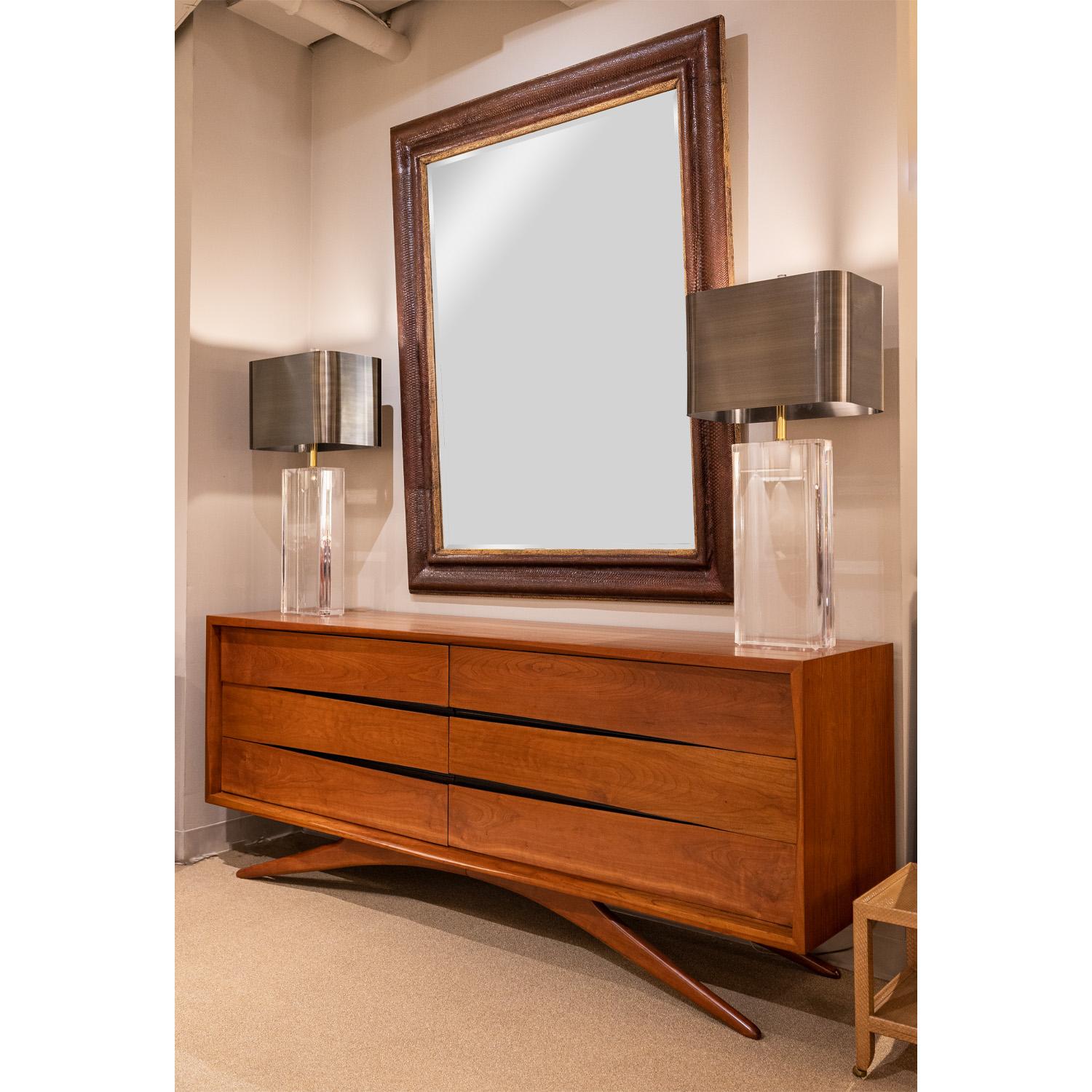 American Karl Springer Large Wall Hanging Mirror in Cobra and Hippo Suede 1987 'Signed' For Sale
