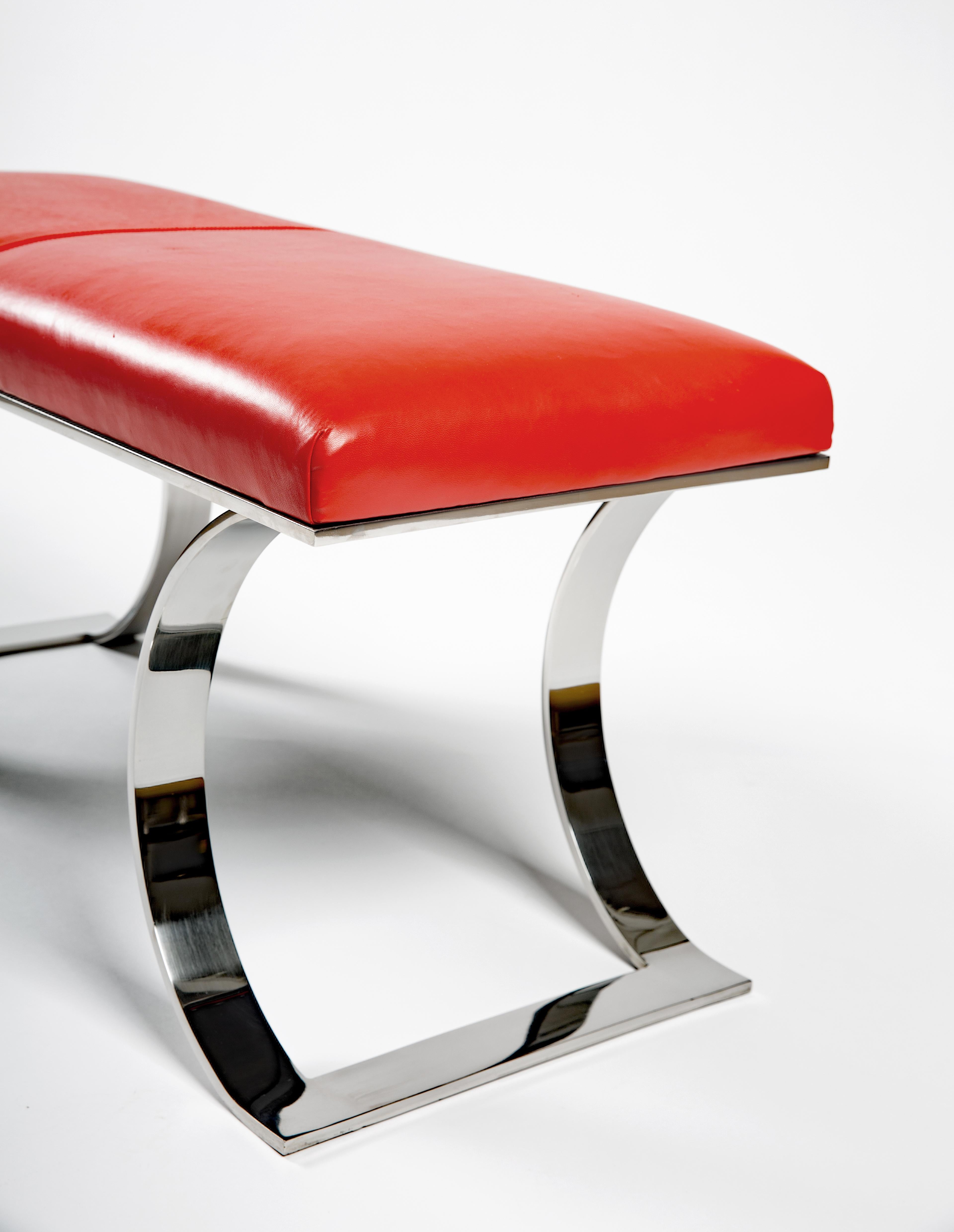 Modern Karl Springer Leather and Red Polished Stainless Steel Bench