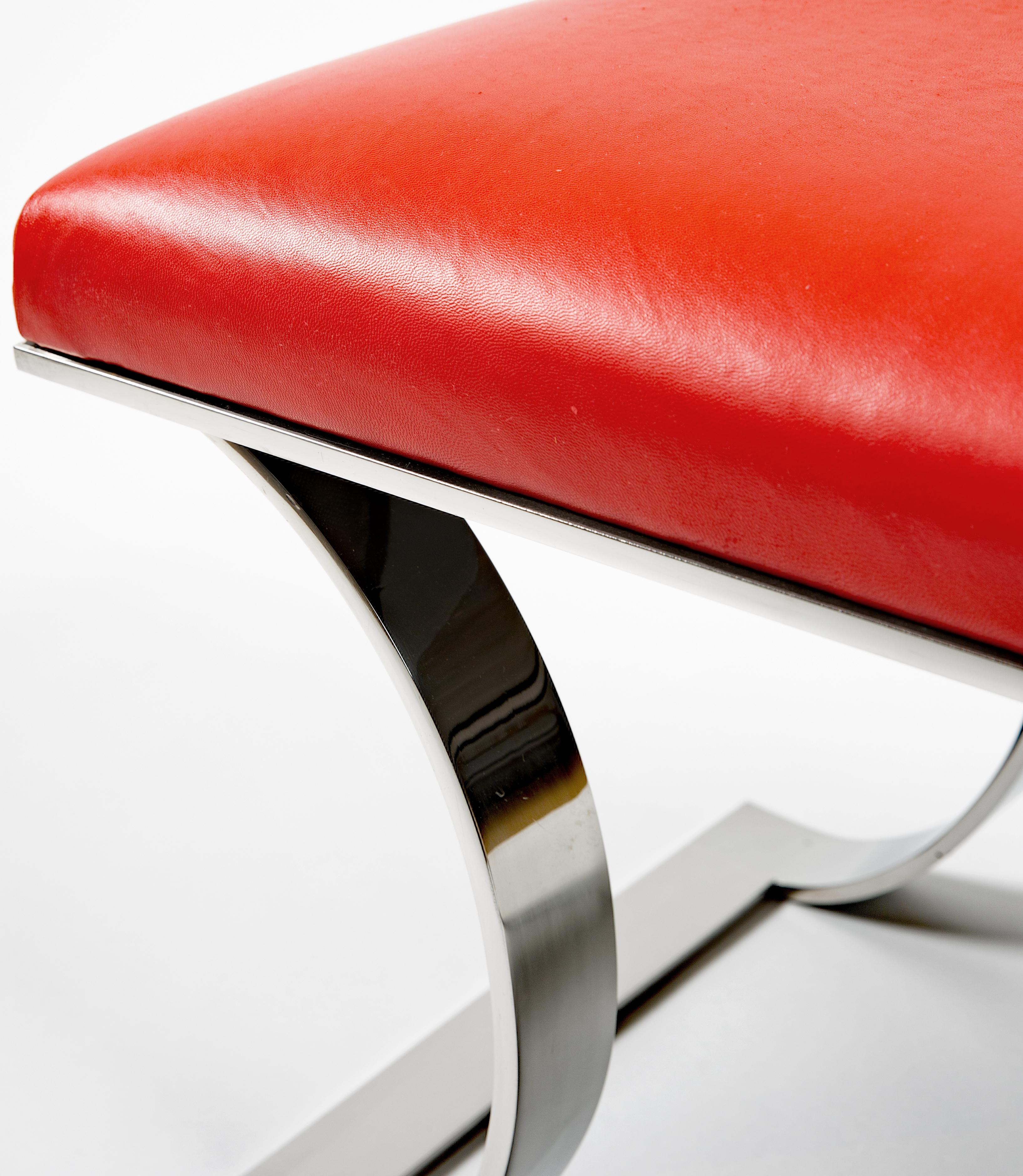 American Karl Springer Leather and Red Polished Stainless Steel Bench