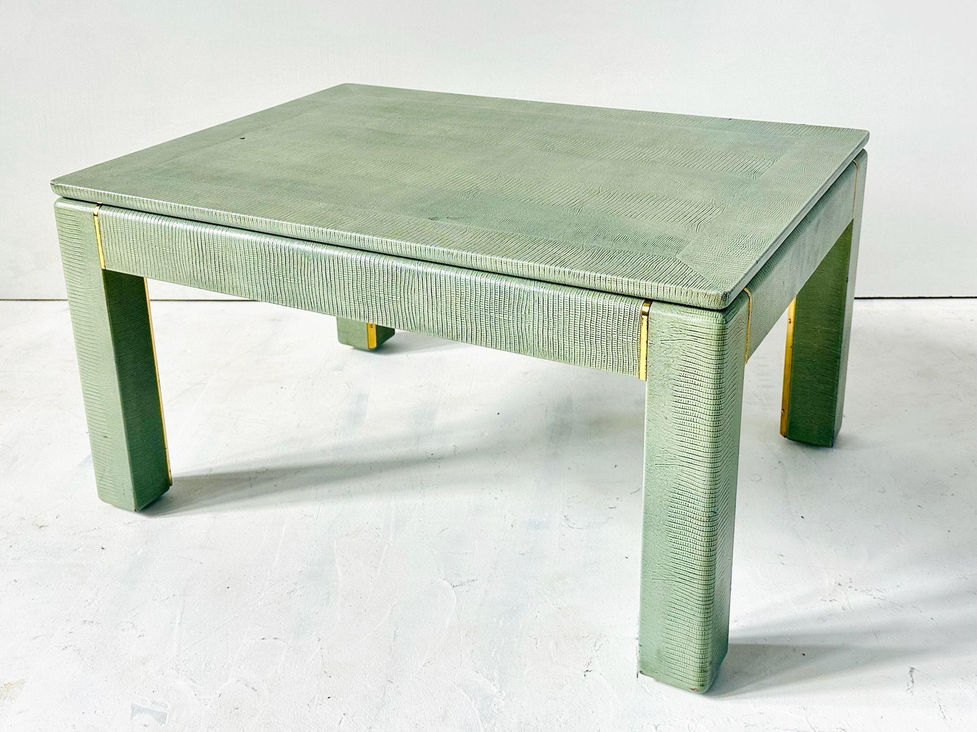 American Karl Springer Lizard Skin Side/End Table with Brass Trim, 1970 For Sale
