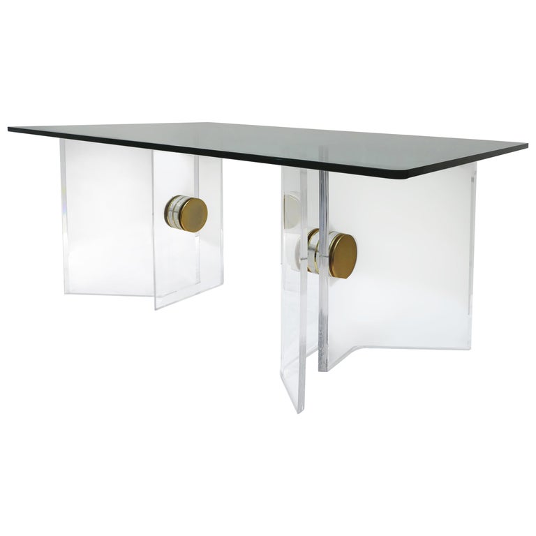 Karl Springer Lucite And Brass Desk With A Glass Top For Sale At