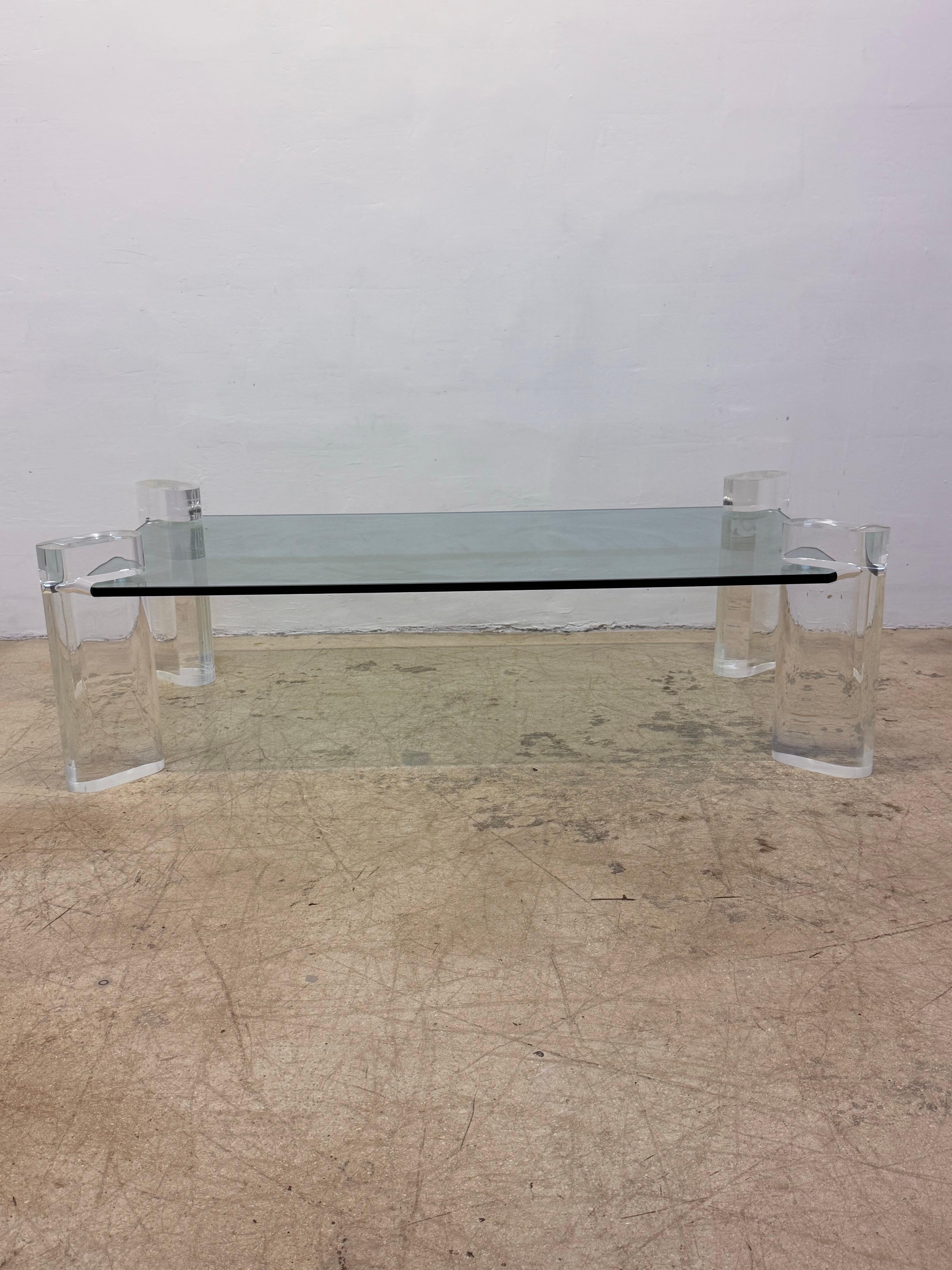 American Karl Springer Lucite and Glass Top Coffee Table, Singed For Sale