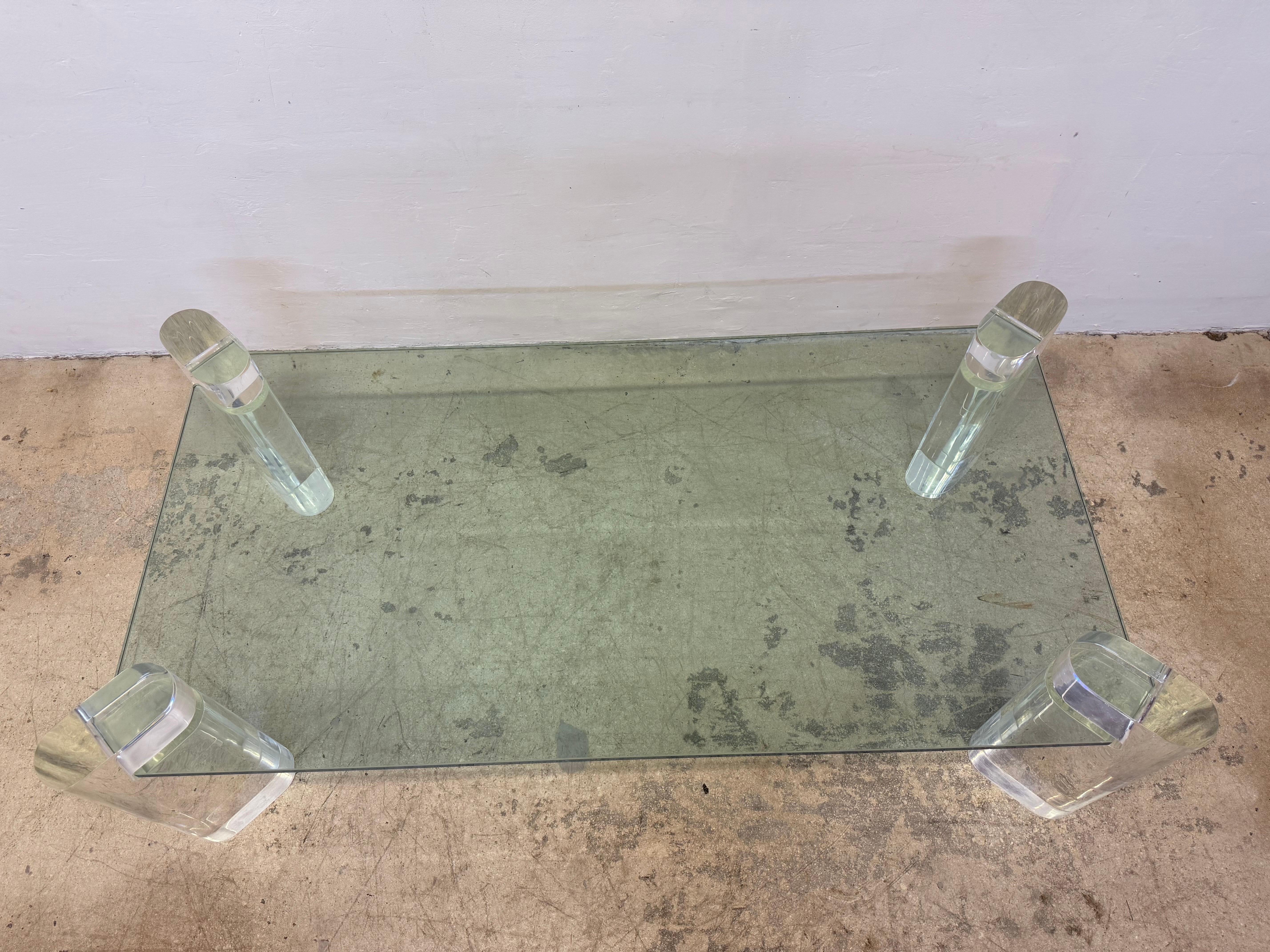 Karl Springer Lucite and Glass Top Coffee Table, Singed For Sale 2