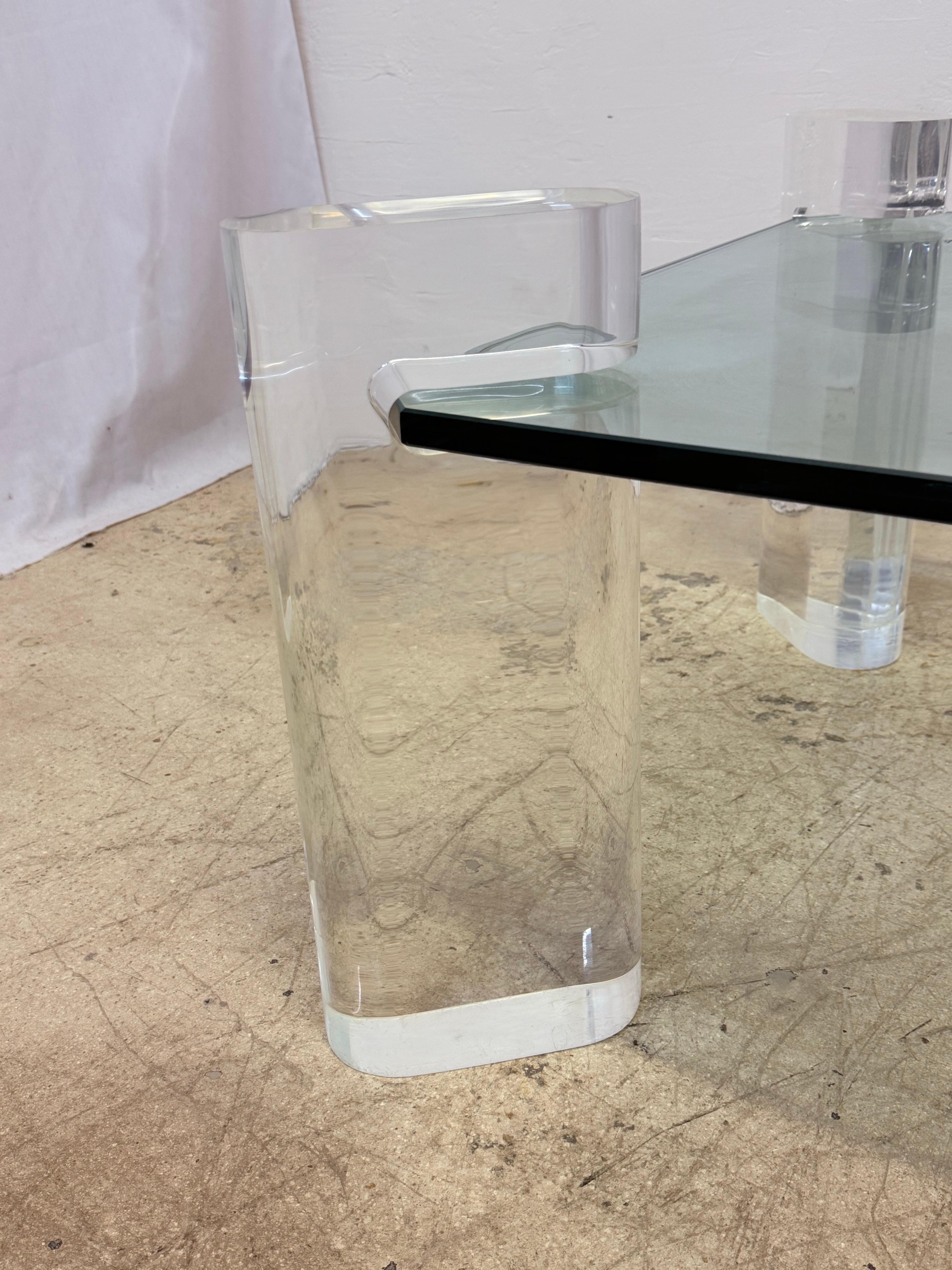 Karl Springer Lucite and Glass Top Coffee Table, Singed For Sale 3