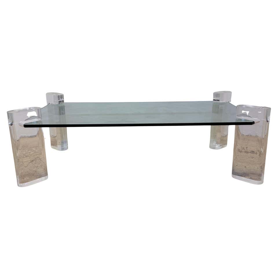 Karl Springer Mid - Century 1980's Lucite and Brass Smoked Glass Coffee Table.