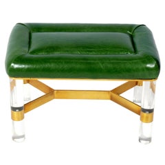 Karl Springer Lucite Brass and Green Leather Bench