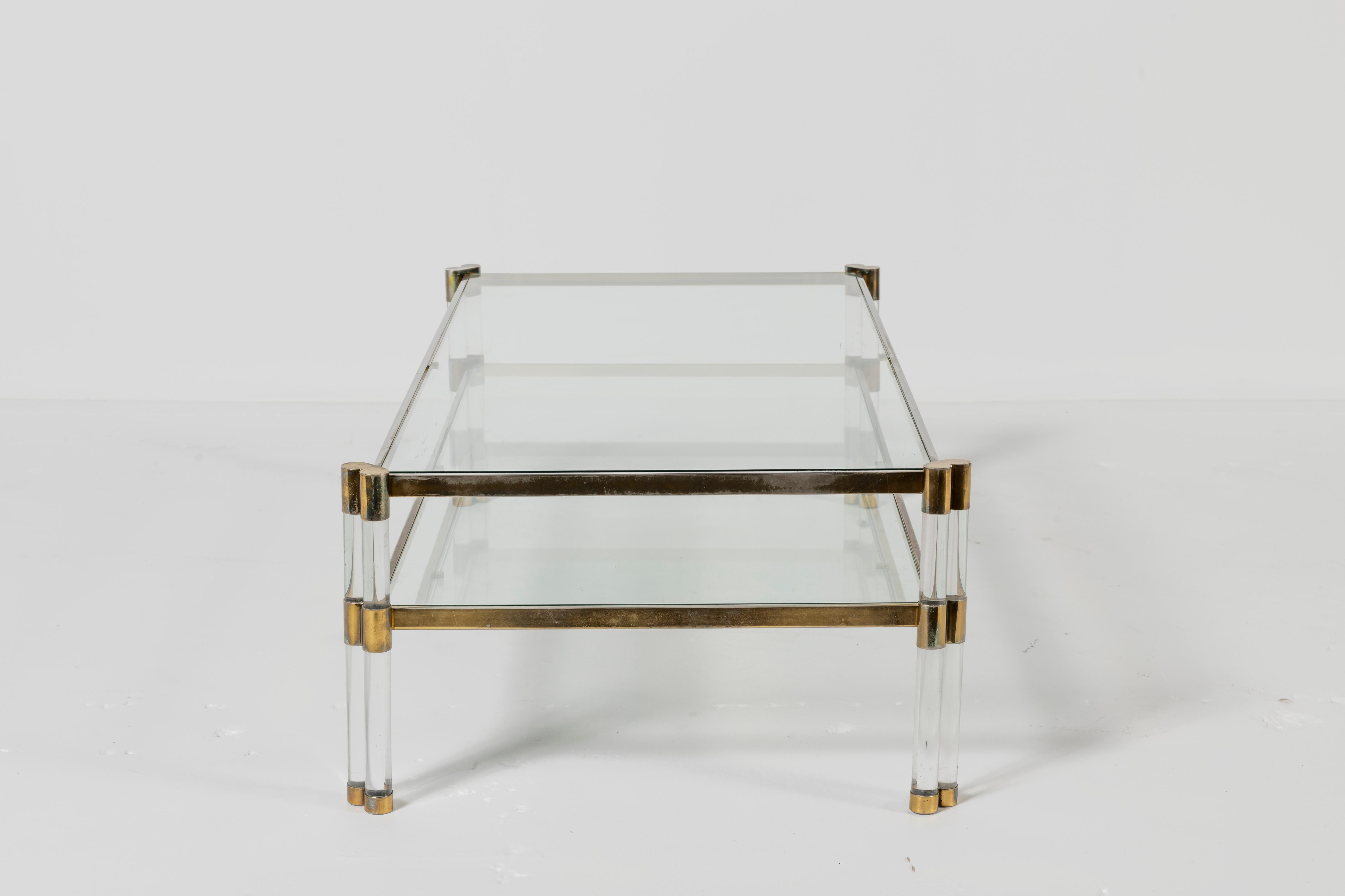 Karl Springer Lucite, Glass, and Brass Coffee Table with Shelf 5