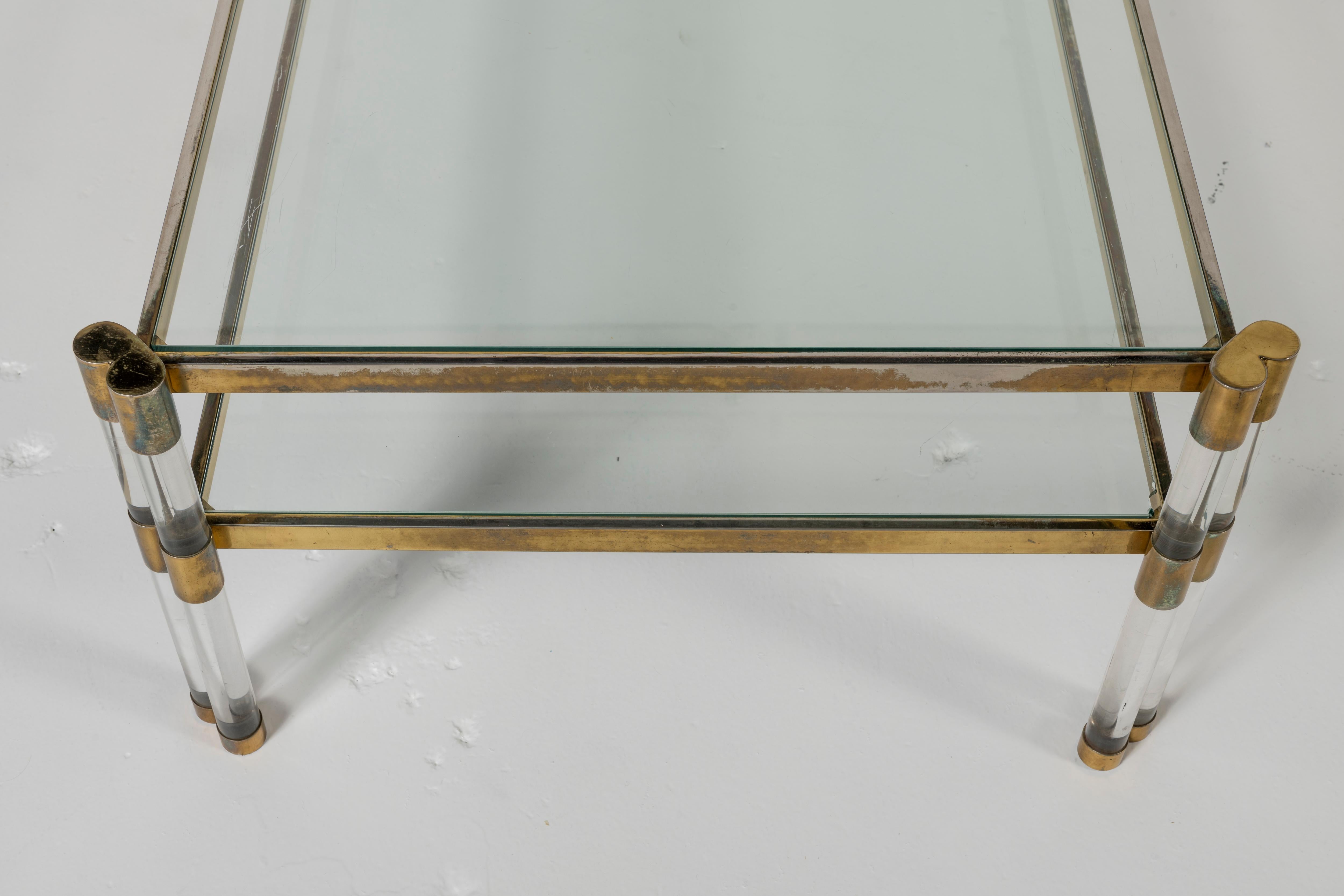Karl Springer Lucite, Glass, and Brass Coffee Table with Shelf 6