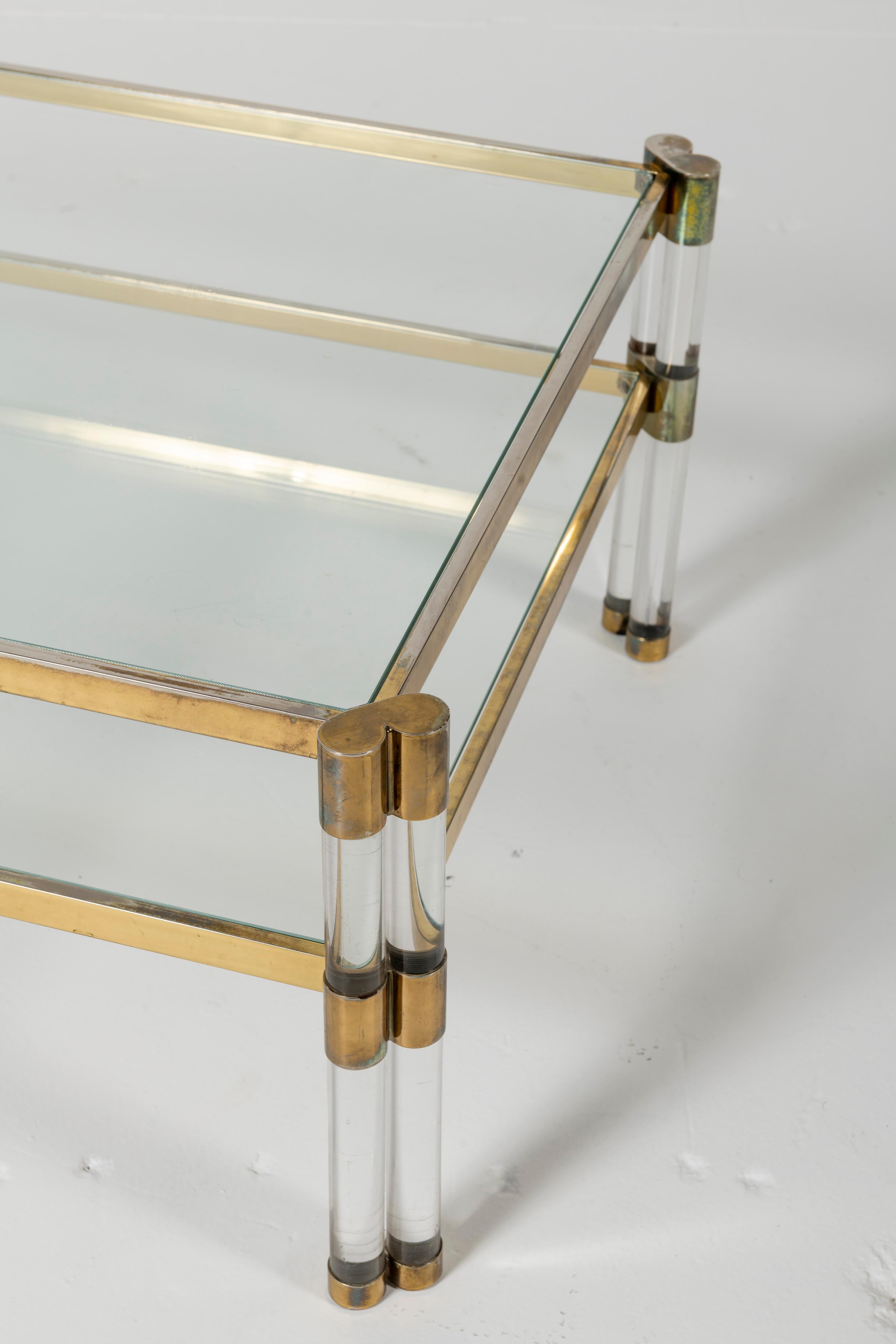 North American Karl Springer Lucite, Glass, and Brass Coffee Table with Shelf