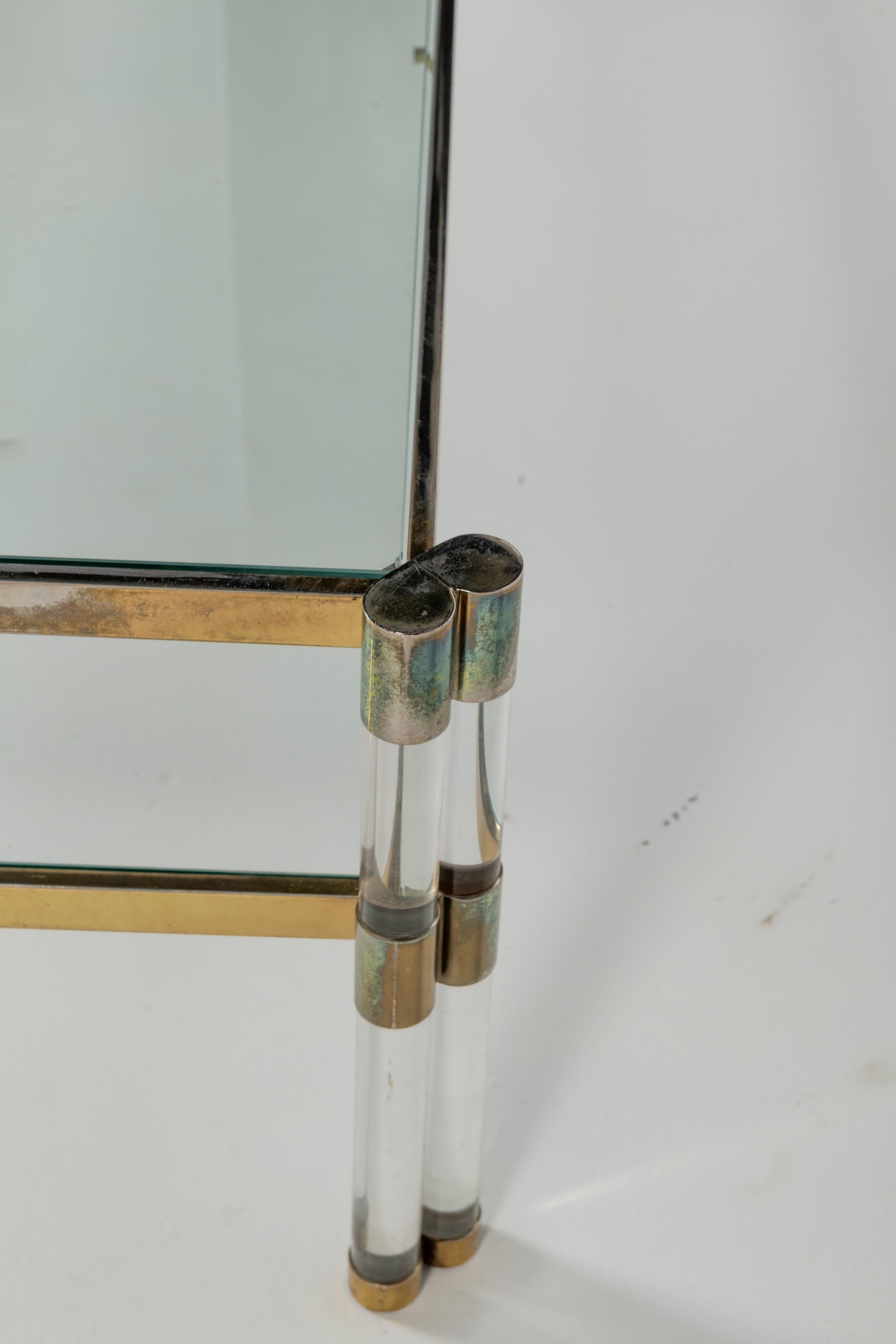 Karl Springer Lucite, Glass, and Brass Coffee Table with Shelf In Good Condition In San Francisco, CA