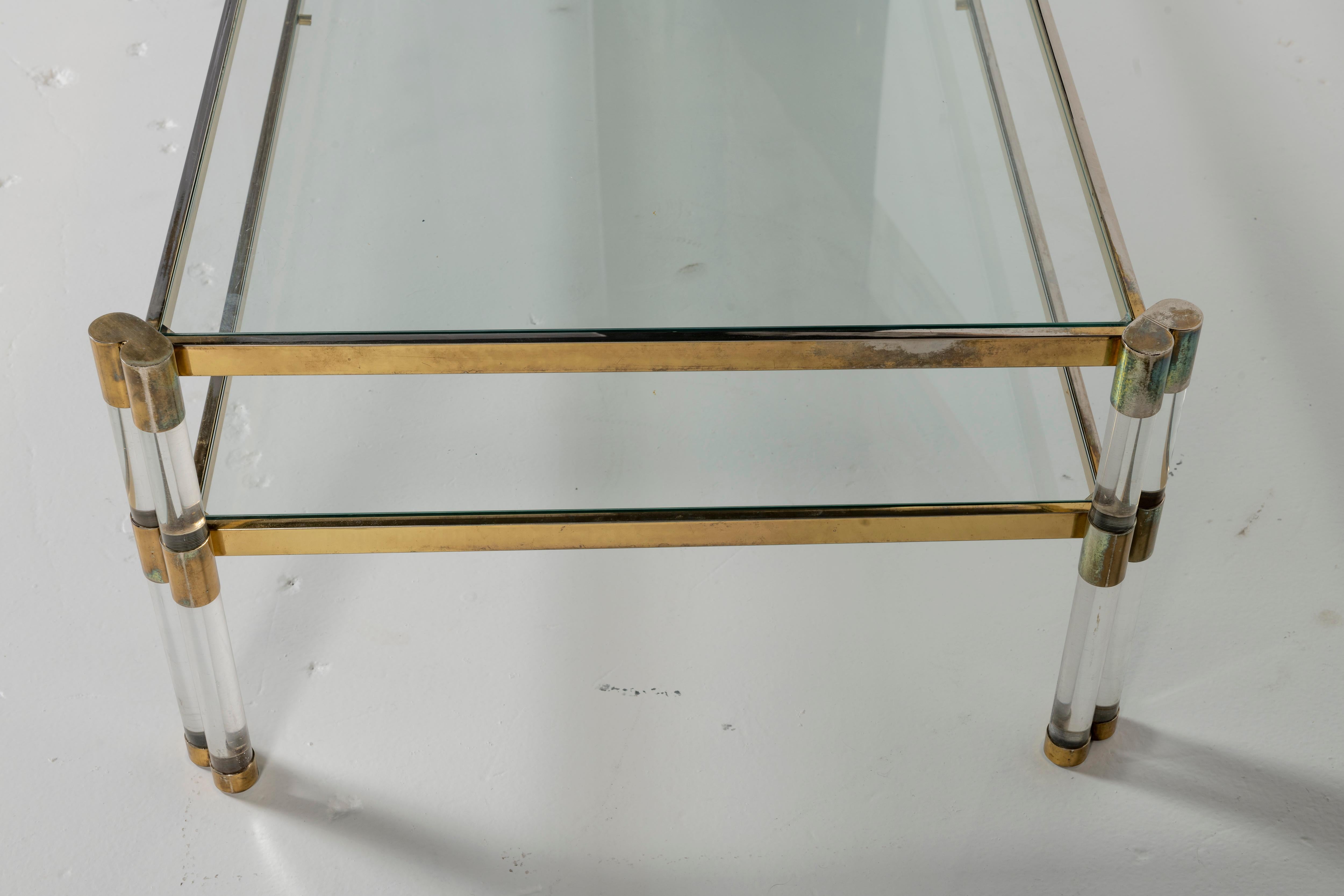 Late 20th Century Karl Springer Lucite, Glass, and Brass Coffee Table with Shelf