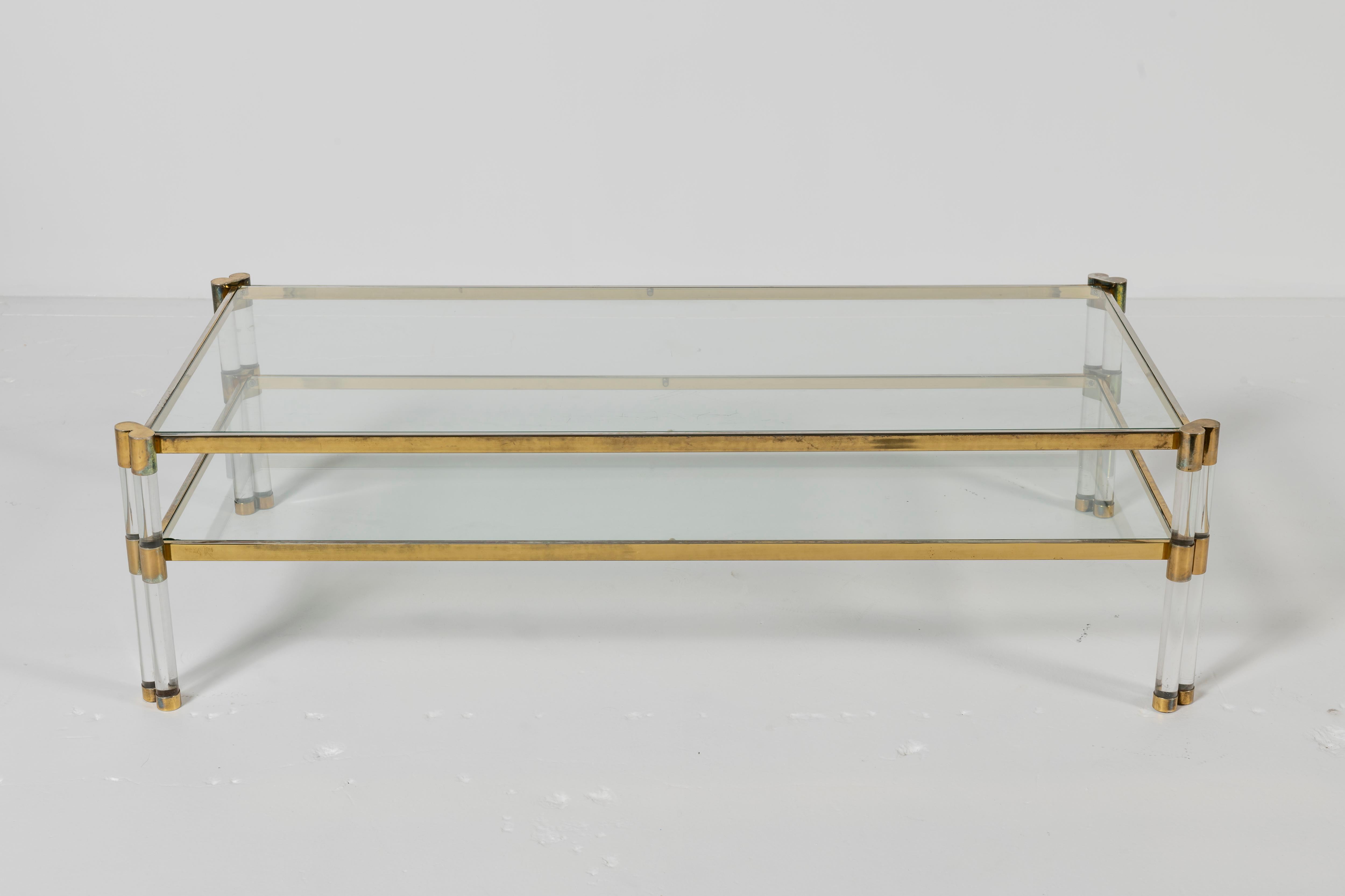 Karl Springer Lucite, Glass, and Brass Coffee Table with Shelf 1