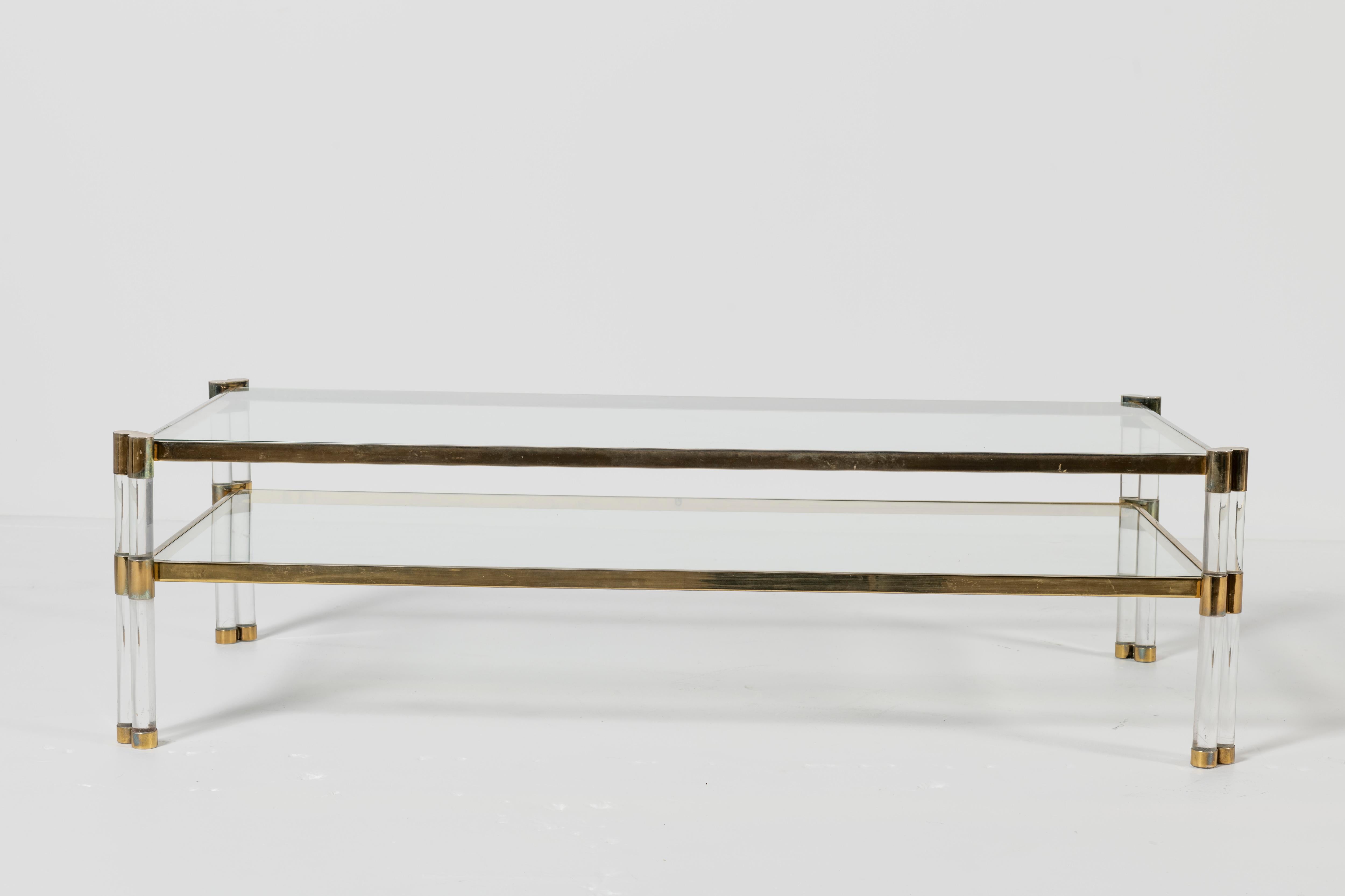 Karl Springer Lucite, Glass, and Brass Coffee Table with Shelf 2