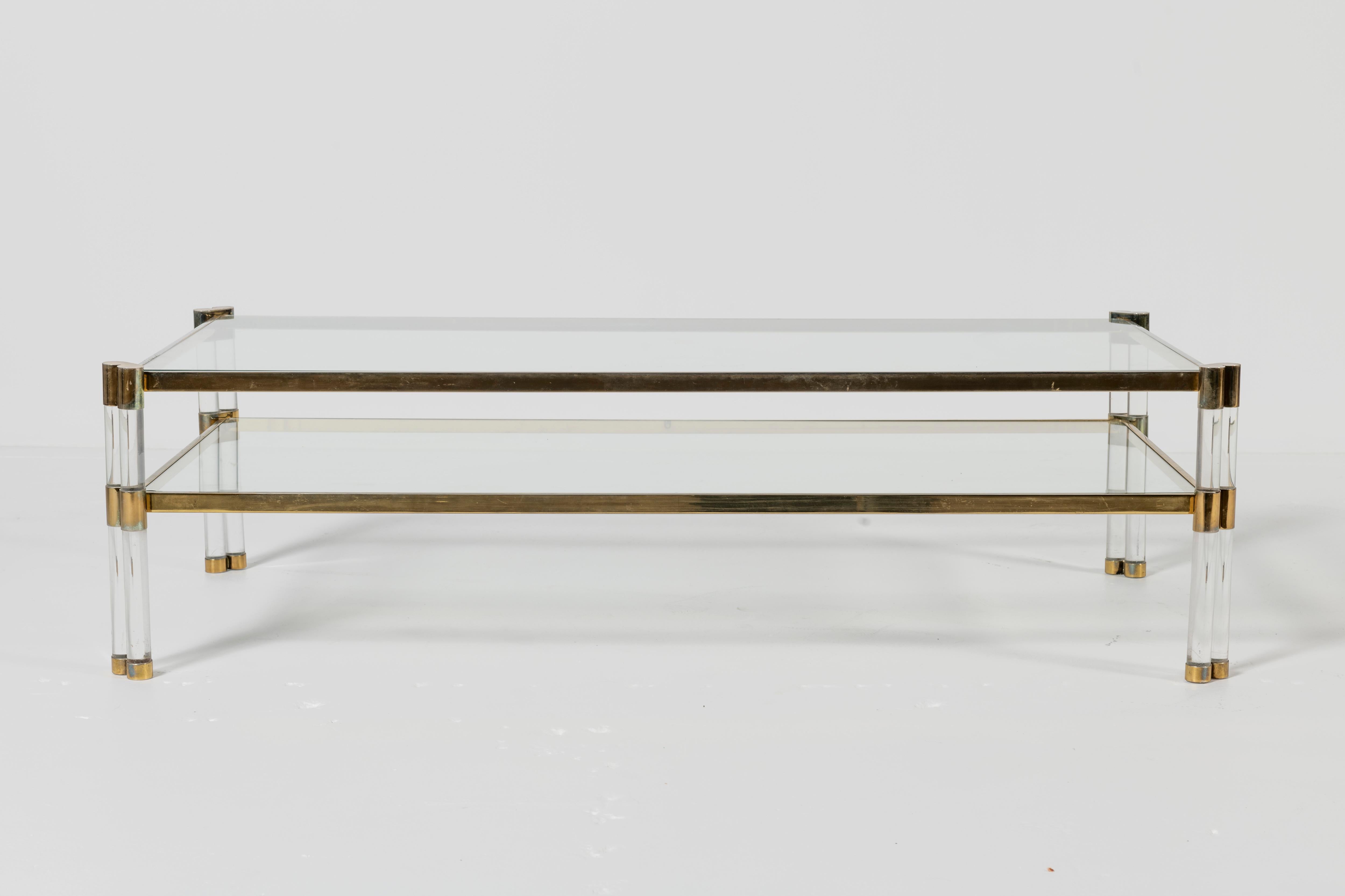 Karl Springer Lucite, Glass, and Brass Coffee Table with Shelf 3