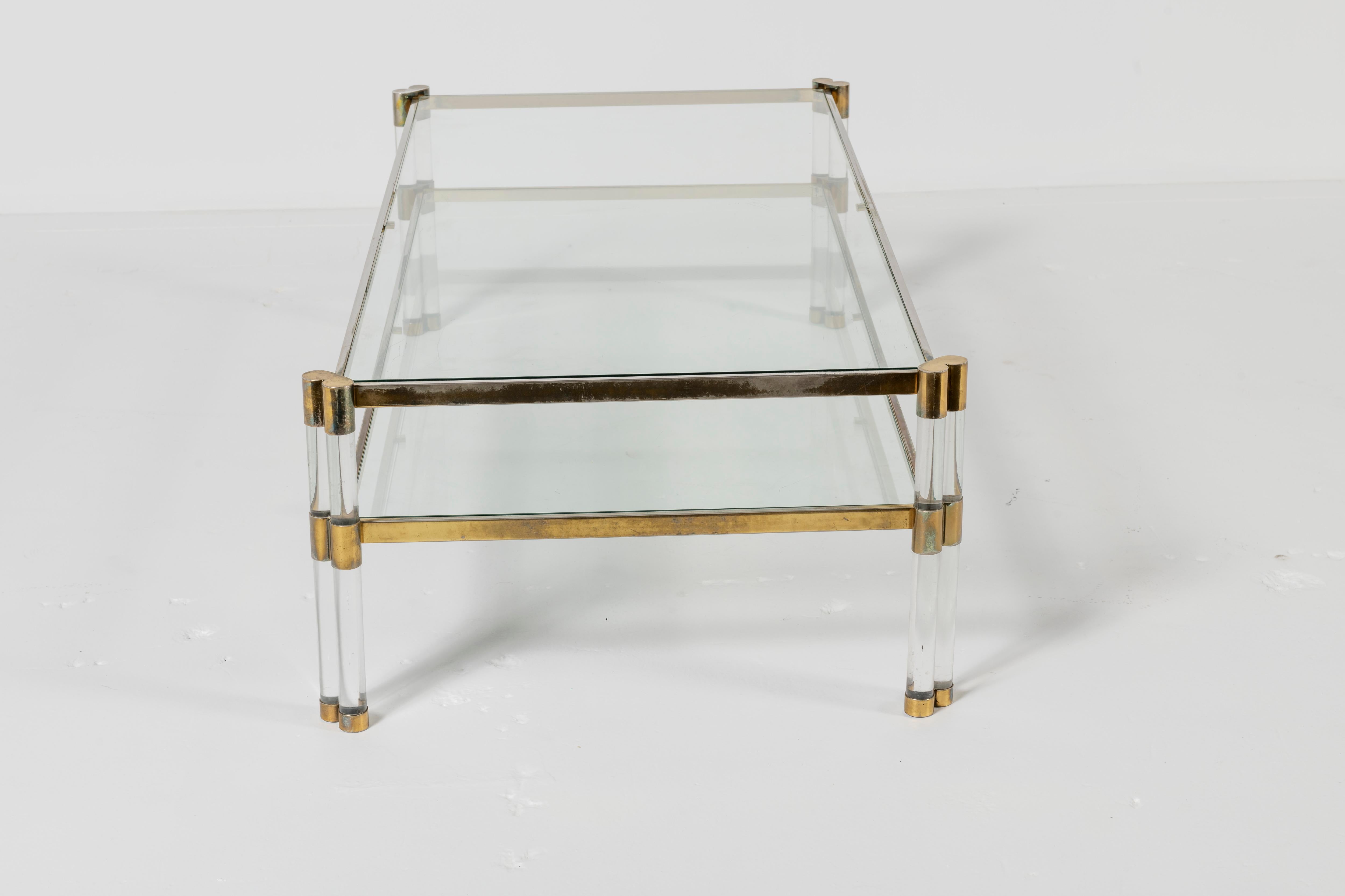Karl Springer Lucite, Glass, and Brass Coffee Table with Shelf 4