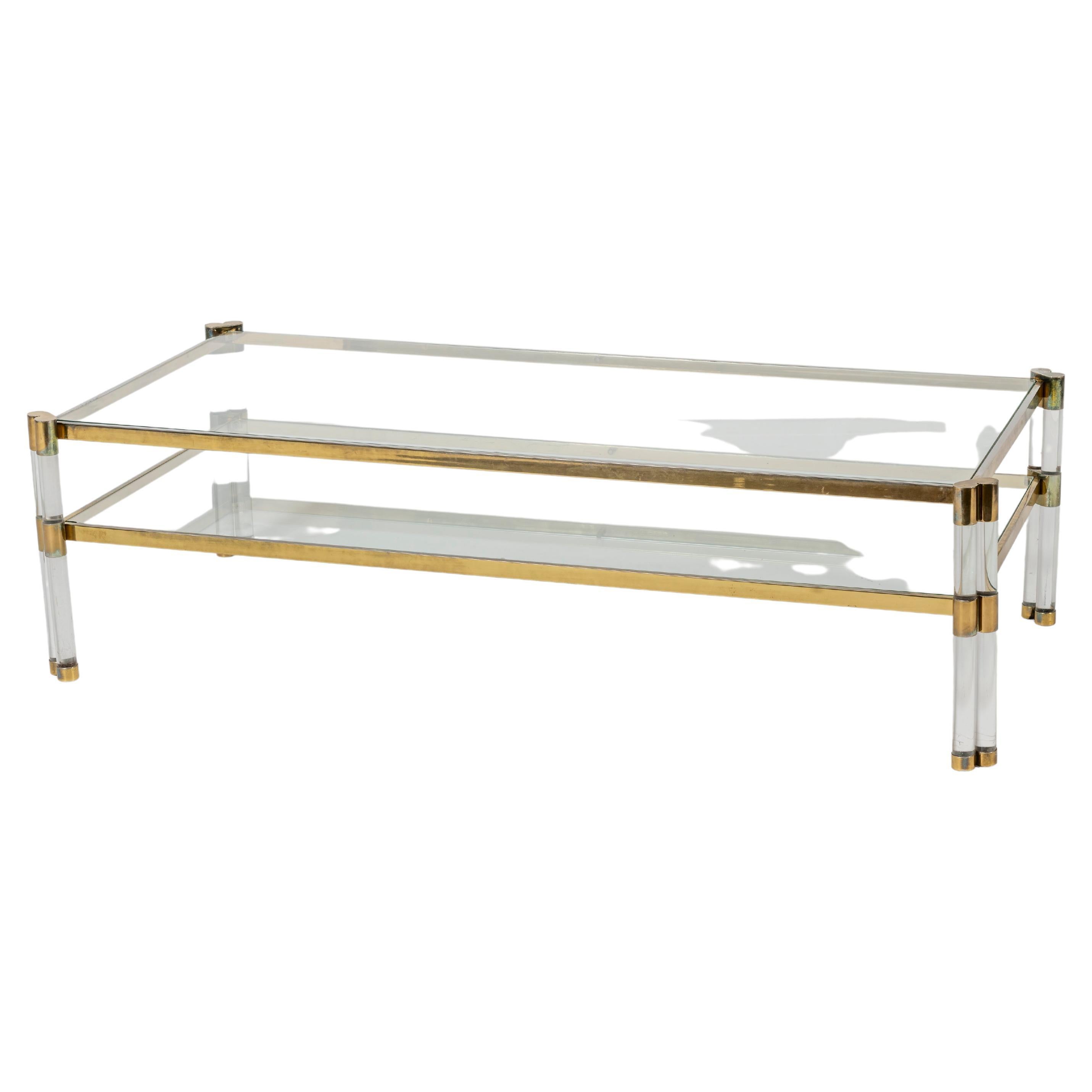 Karl Springer Lucite, Glass, and Brass Coffee Table with Shelf