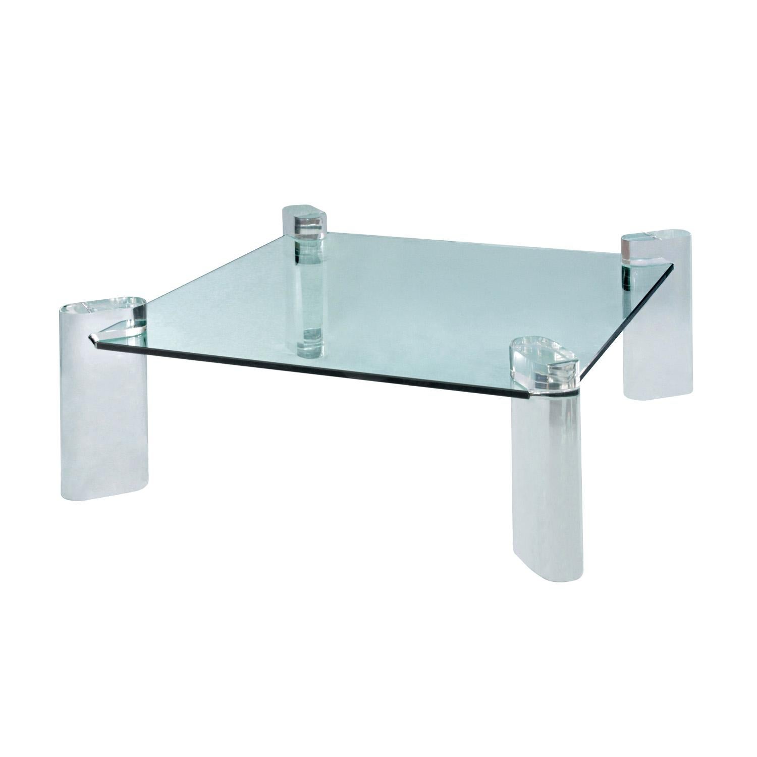 “Lucite Leg Coffee Table” with beautifully made solid lucite legs and thick glass top by Karl Springer, American 1980's. This can be configured with legs at the corners or one on each side or 2 on 2 sides. Also, the size can be customized with any