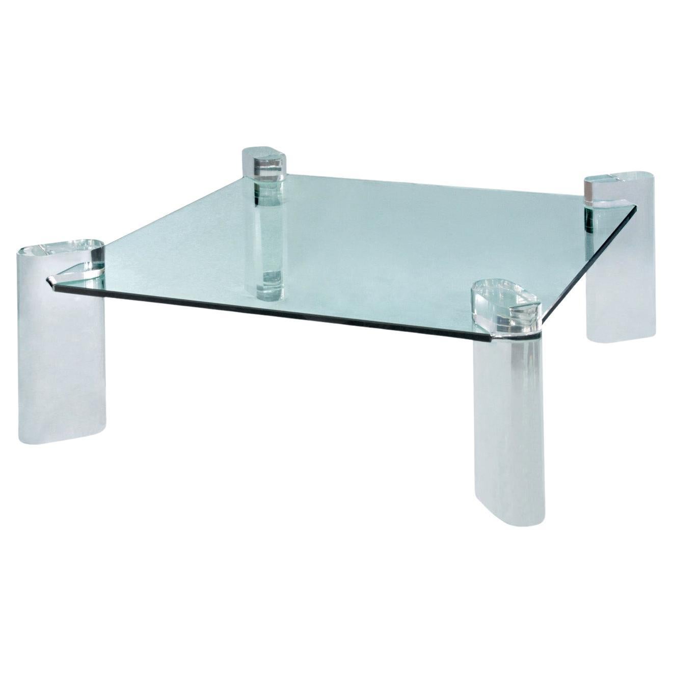 Karl Springer « Table basse à pieds en lucite » avec plateau en verre épais des années 1980