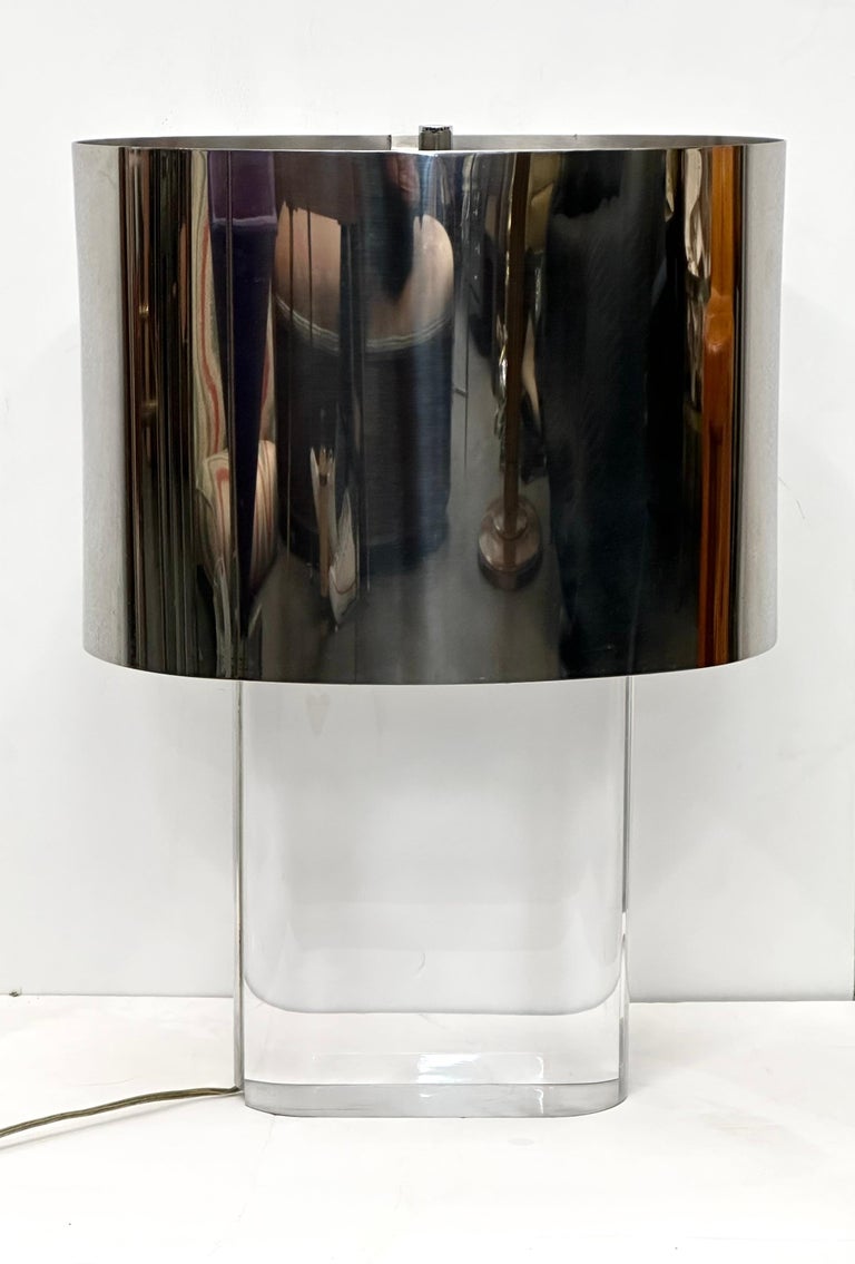 Mid-Century Modern Karl Springer Lucite Table Lamp with Original Polished Steel Shade For Sale