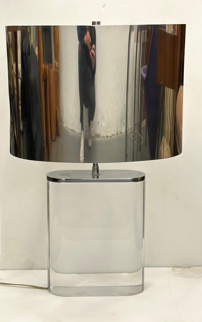 Late 20th Century Karl Springer Lucite Table Lamp with Original Polished Steel Shade For Sale