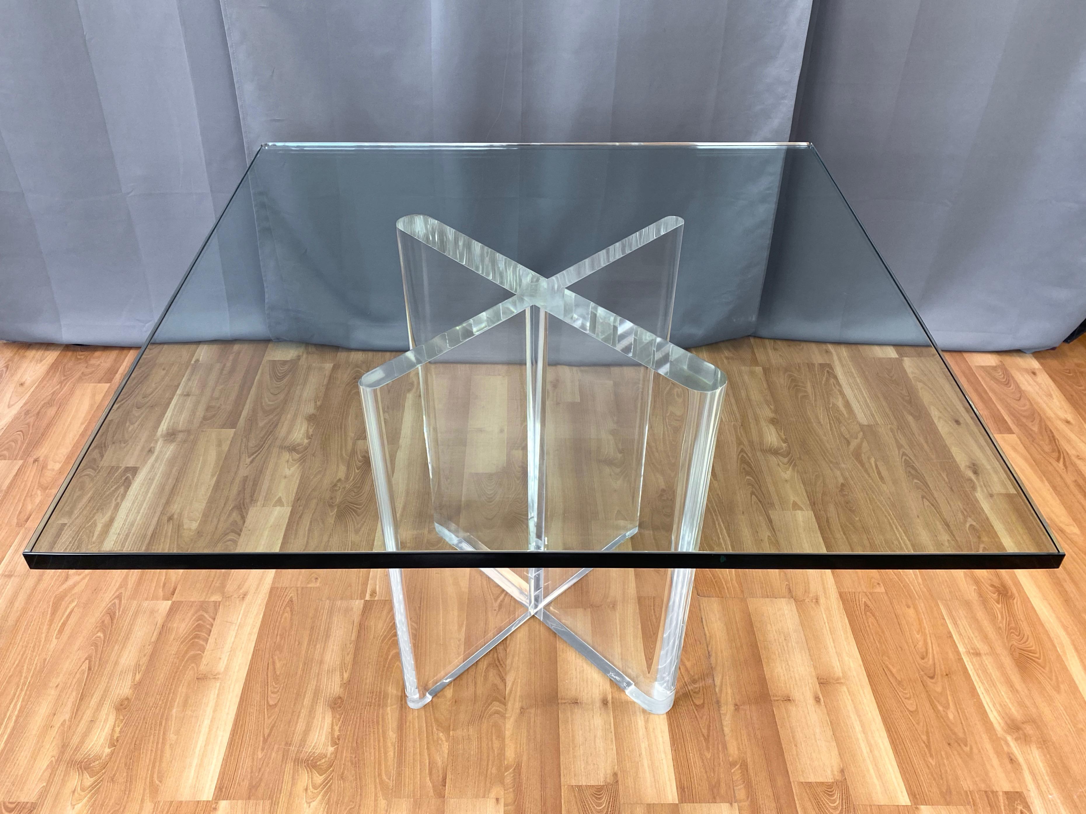 Mid-Century Modern Karl Springer Lucite X-Base Dining Table with Square Glass Top, Signed, 1970s