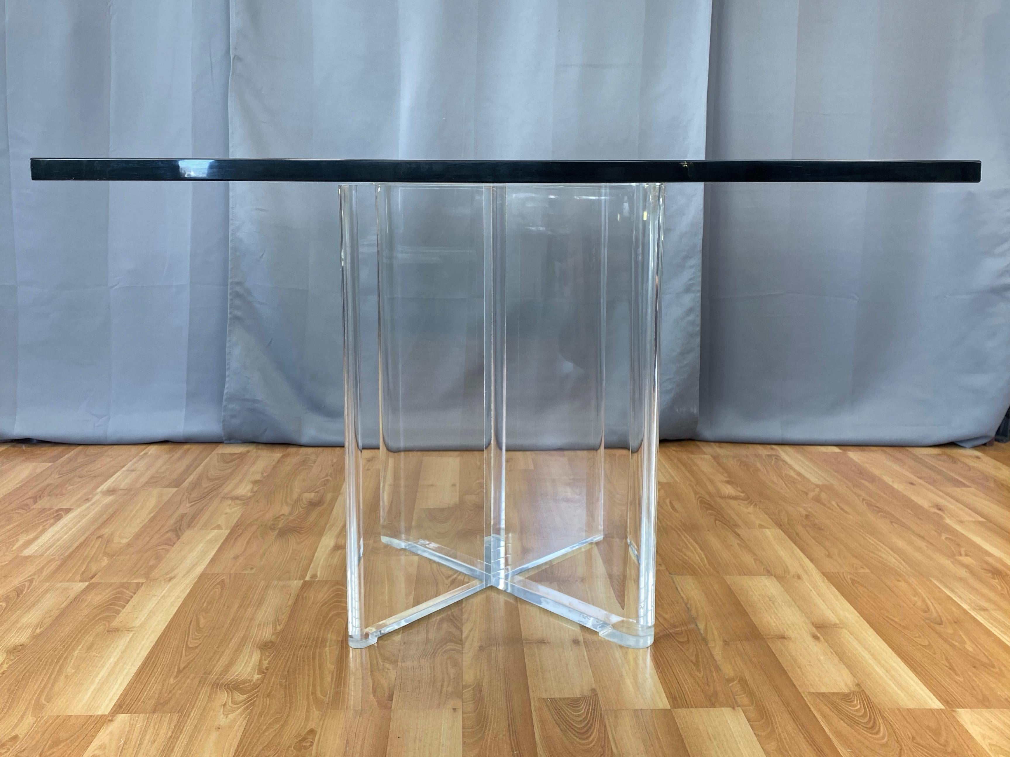 Karl Springer Lucite X-Base Dining Table with Square Glass Top, Signed, 1970s In Good Condition In San Francisco, CA