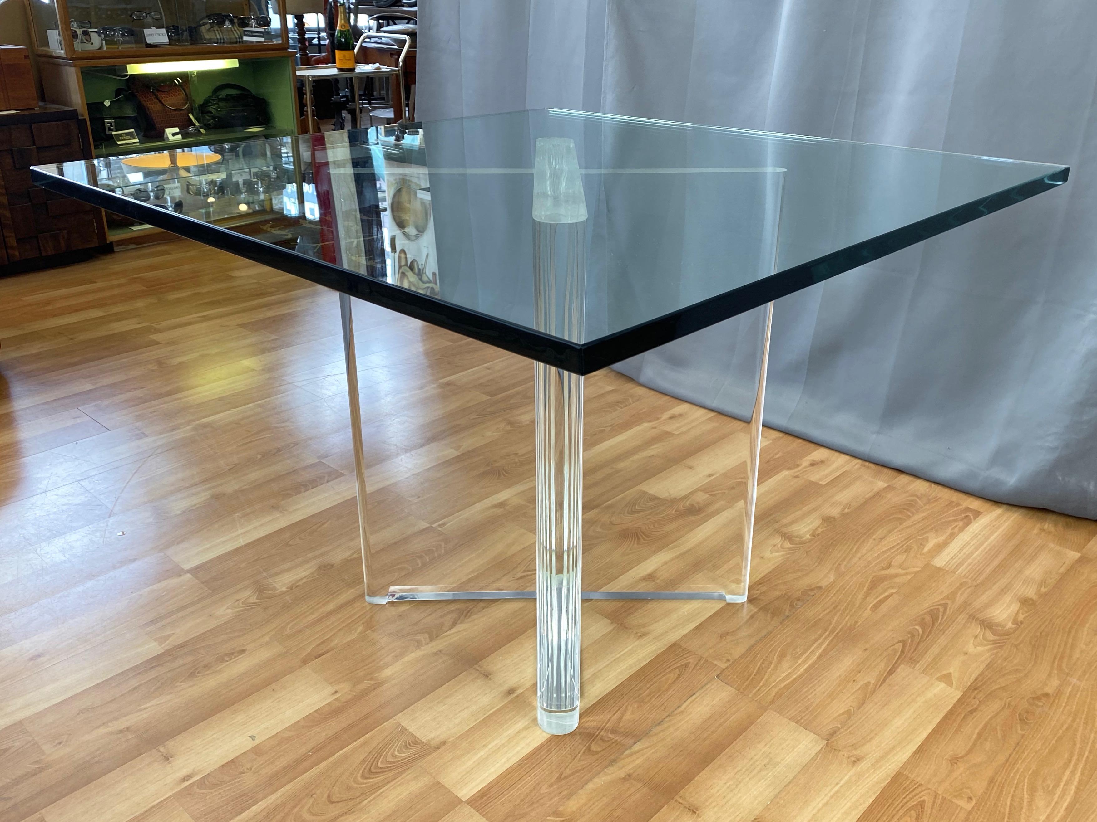 Late 20th Century Karl Springer Lucite X-Base Dining Table with Square Glass Top, Signed, 1970s