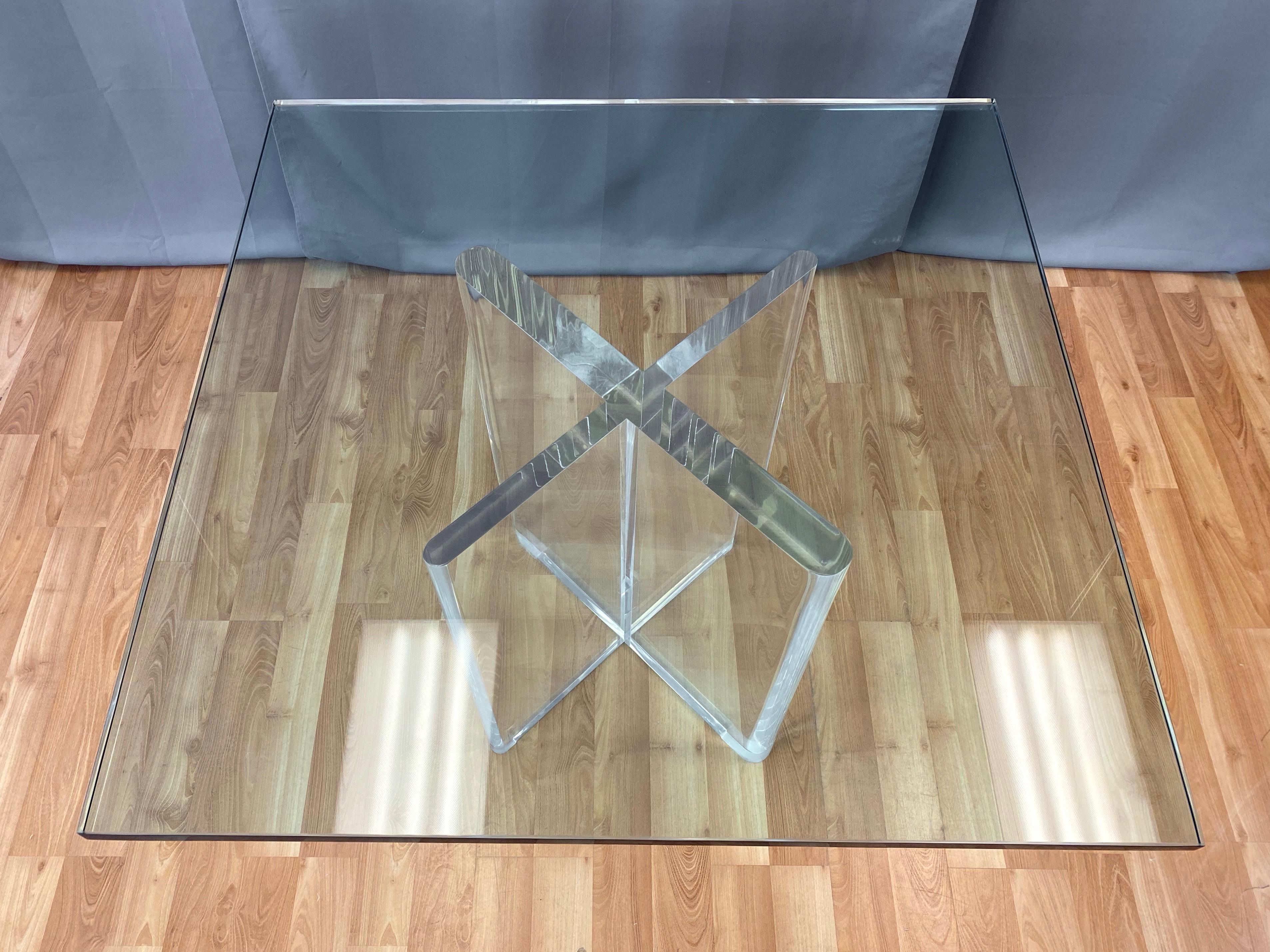 Karl Springer Lucite X-Base Dining Table with Square Glass Top, Signed, 1970s 1